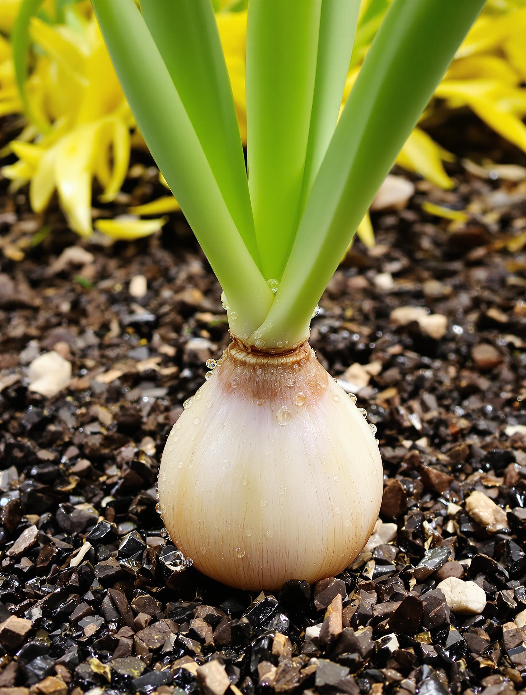 Bulbe d’Ornithogalum dubium avec hampe coupée et paillage