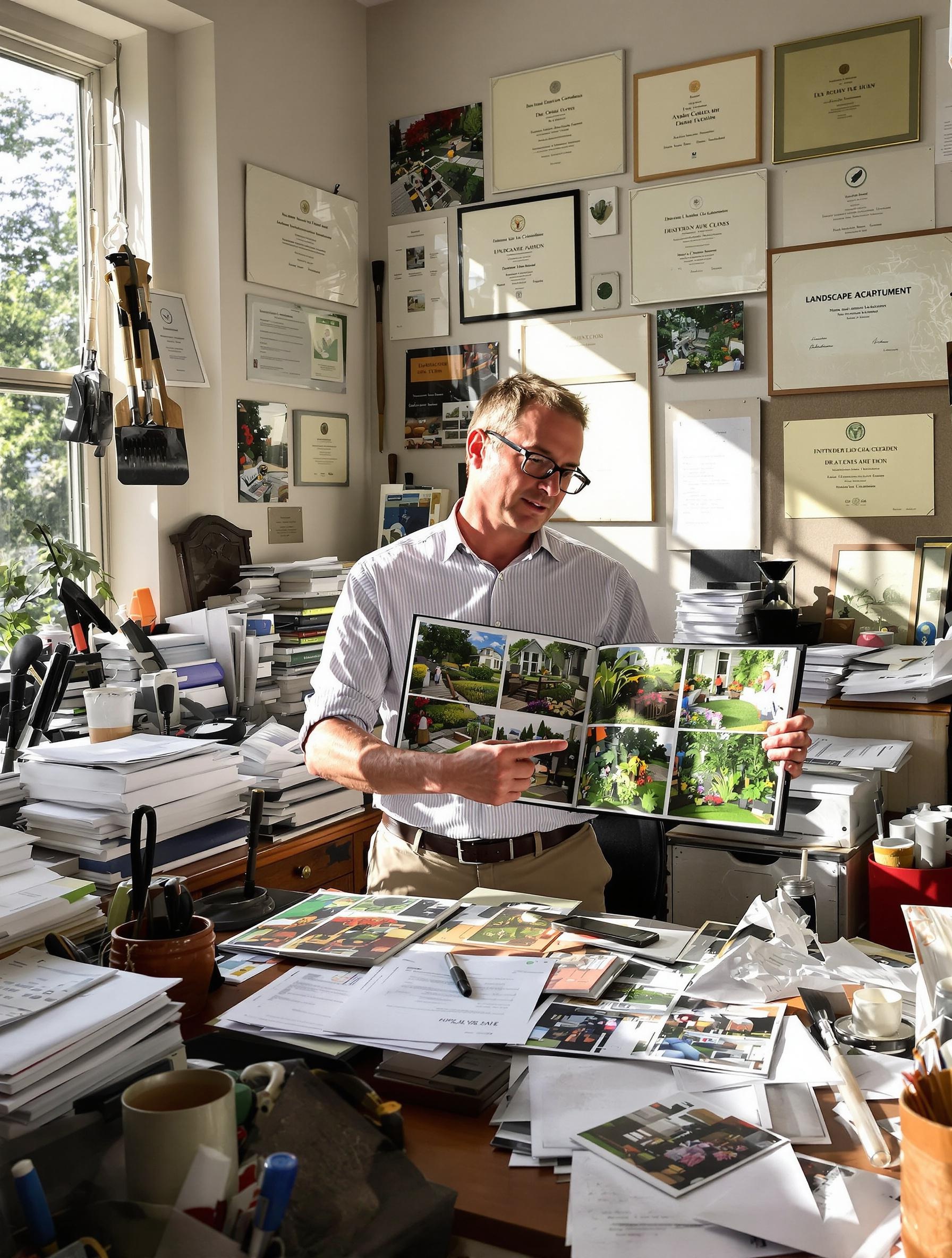 Bureau avec portfolio de réalisations de jardin et diplômes