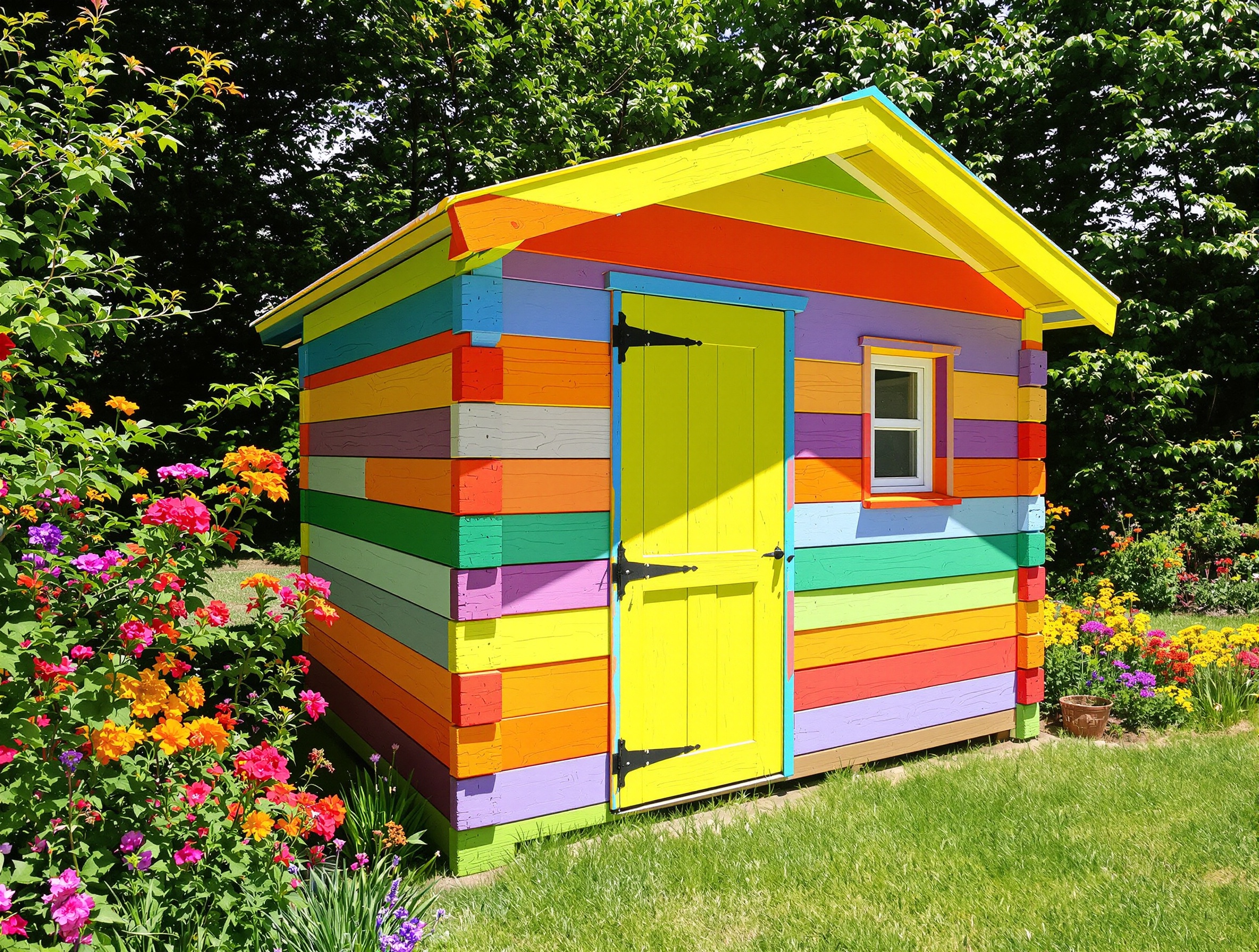 Cabane en palette terminée et peinte dans un jardin avec porte et fenêtre colorées