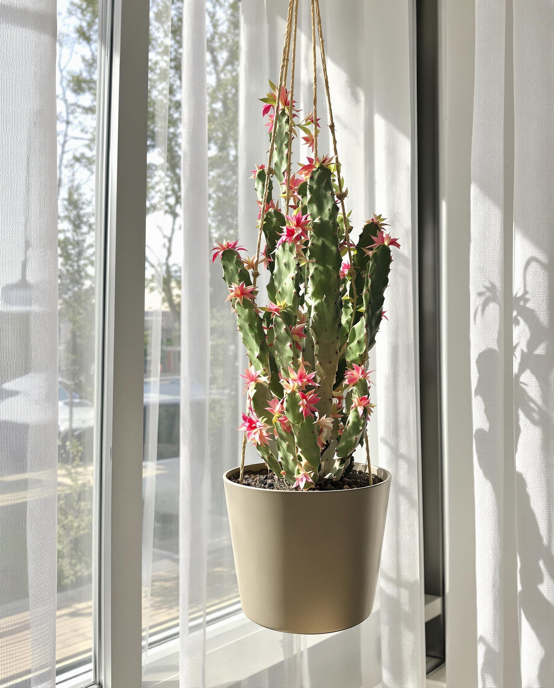 Cactus de Pâques placé près d'une fenêtre avec un rideau léger pour une lumière idéale