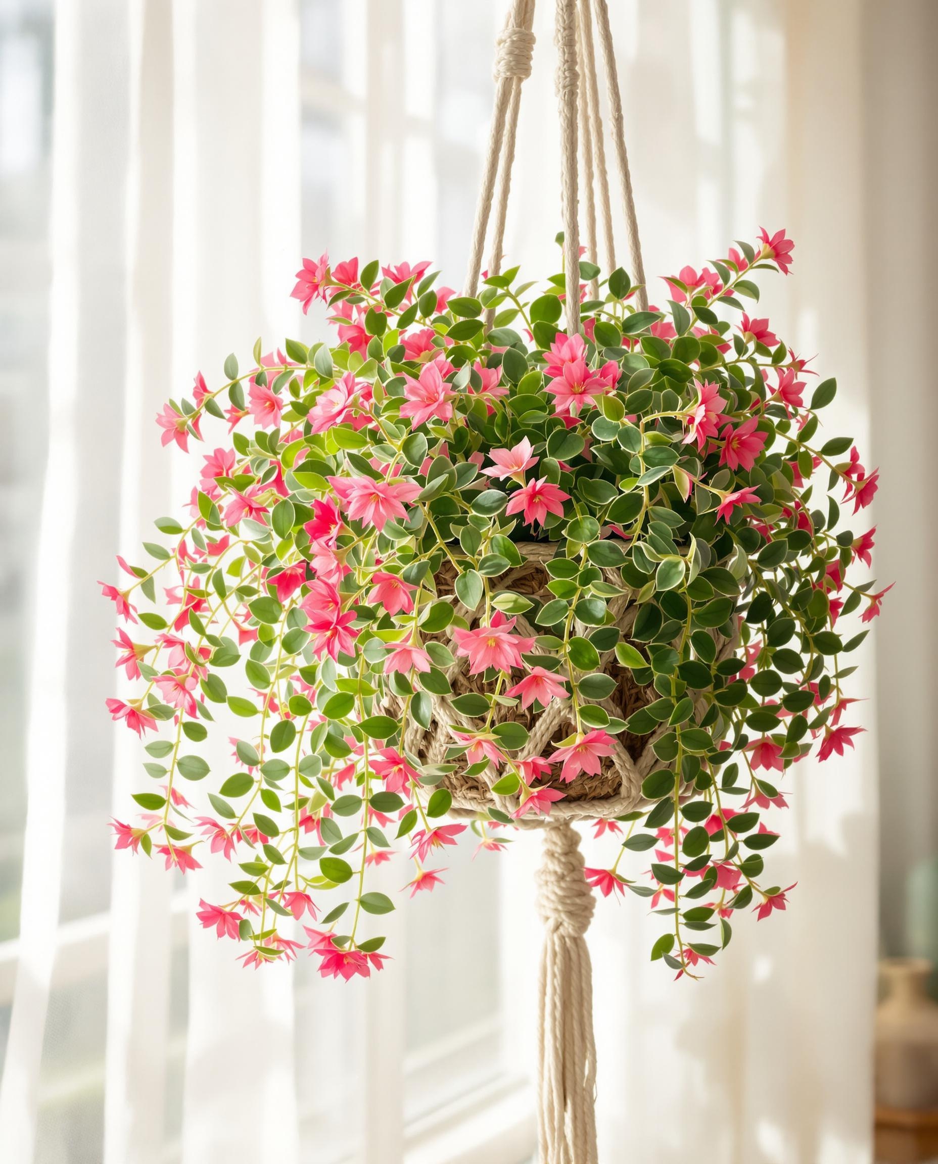 Cactus de Pâques suspendu dans un panier en macramé avec des tiges fleuries retombantes