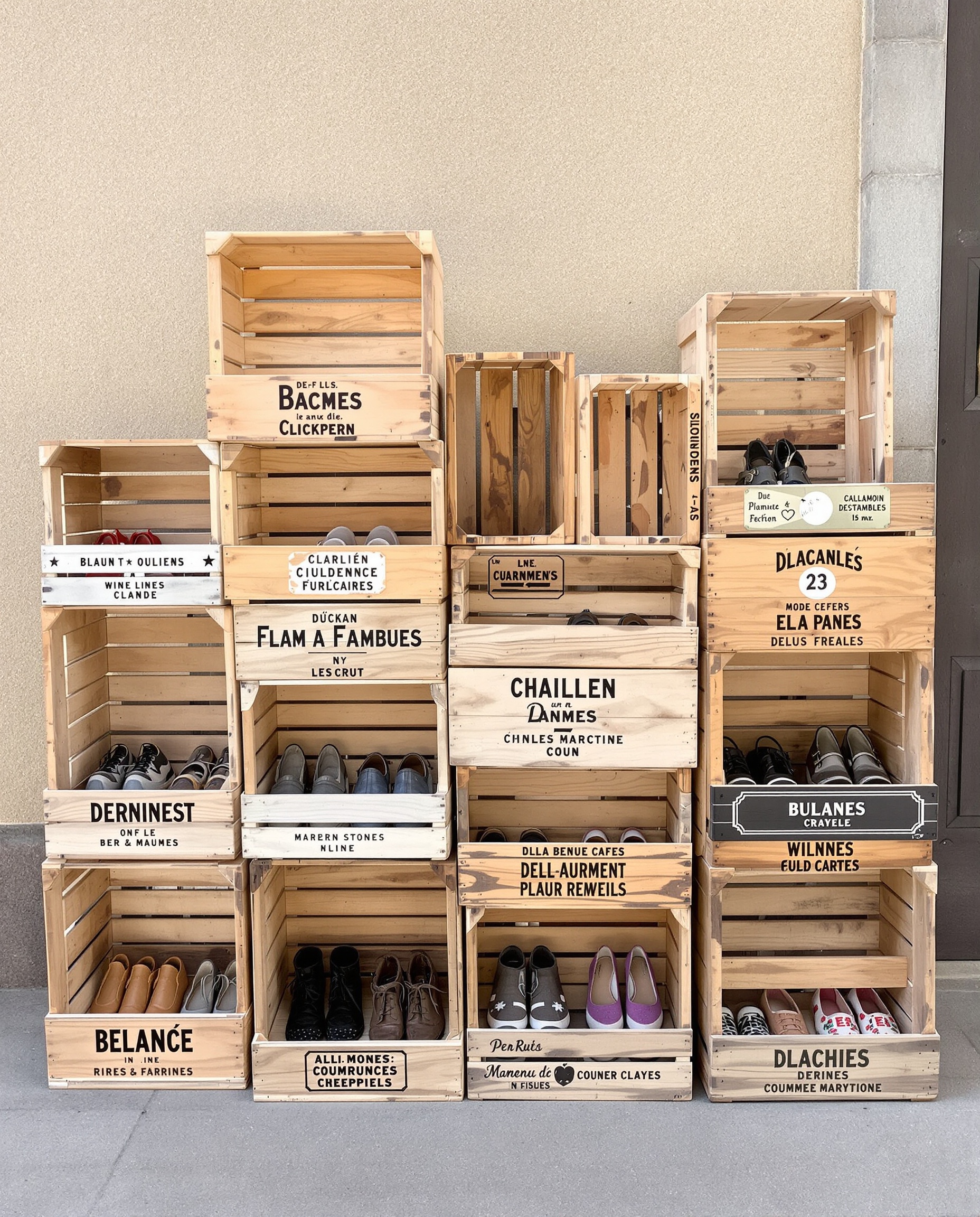 Cagettes empilées remplies de chaussures style marché vintage