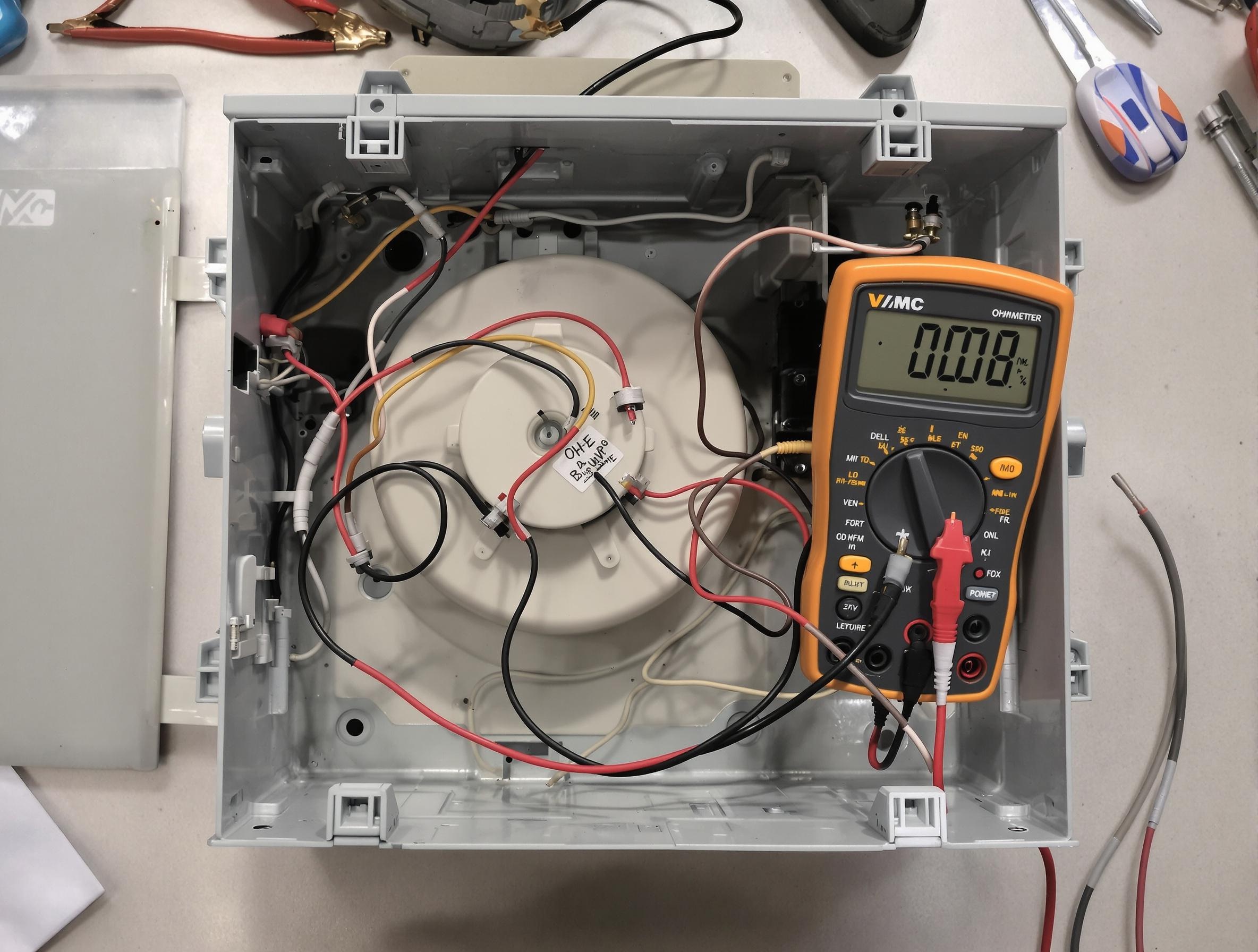 Caisson principal VMC ouvert avec un test à l'ohmmètre sur le buzzer.