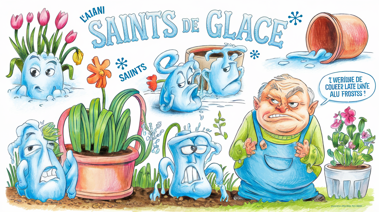 Calendrier des Saints de Glace avec des plantes gelées dans un jardin printanier