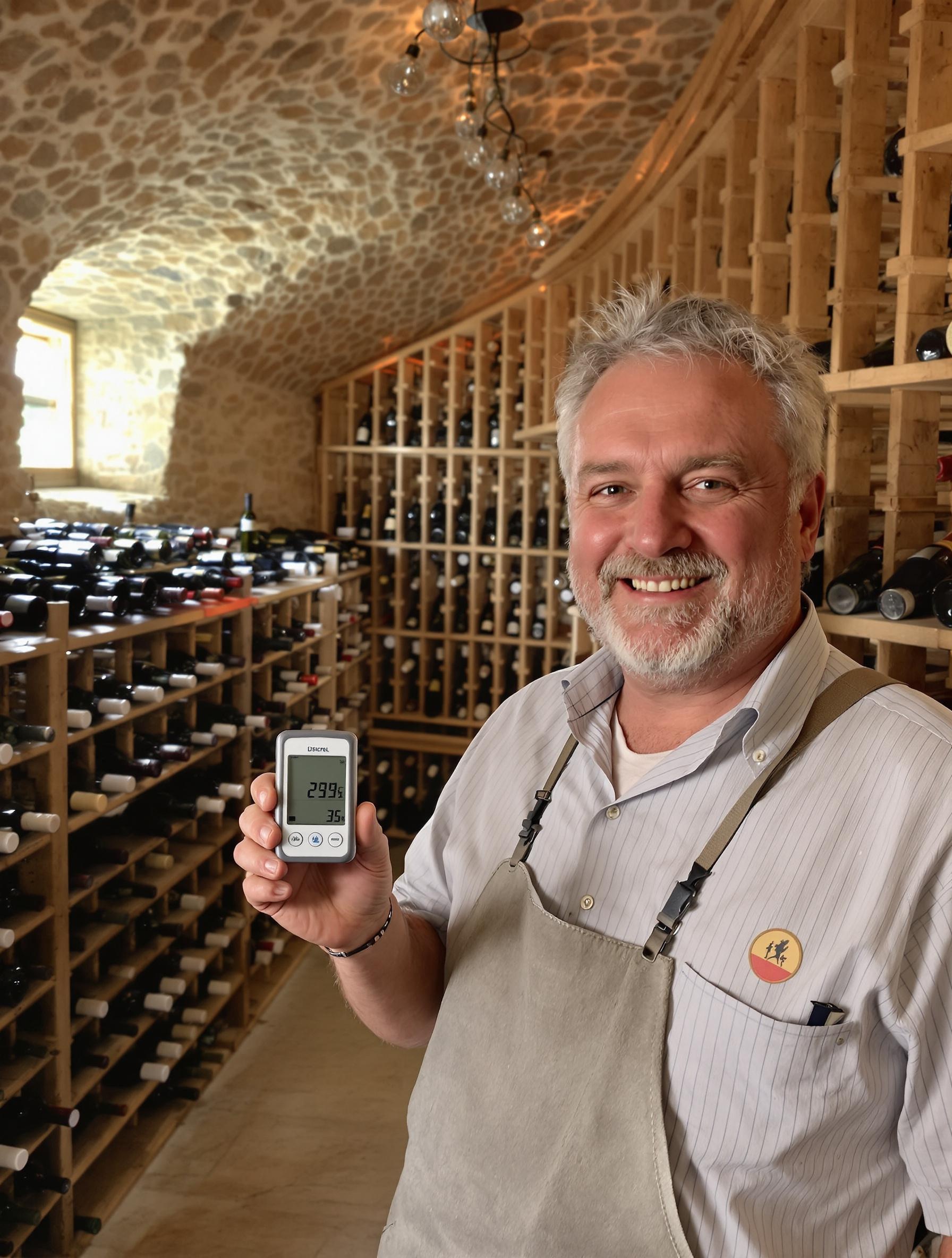 Une cave saine avec hygromètre en main, bouteilles parfaitement alignées.