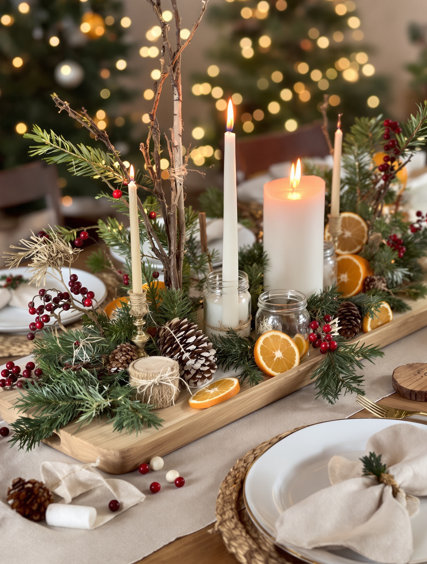Centre de table Noël DIY réussi et chaleureux, ambiance festive, éléments naturels, récup, déco imparfaite, fait maison, lumière douce.