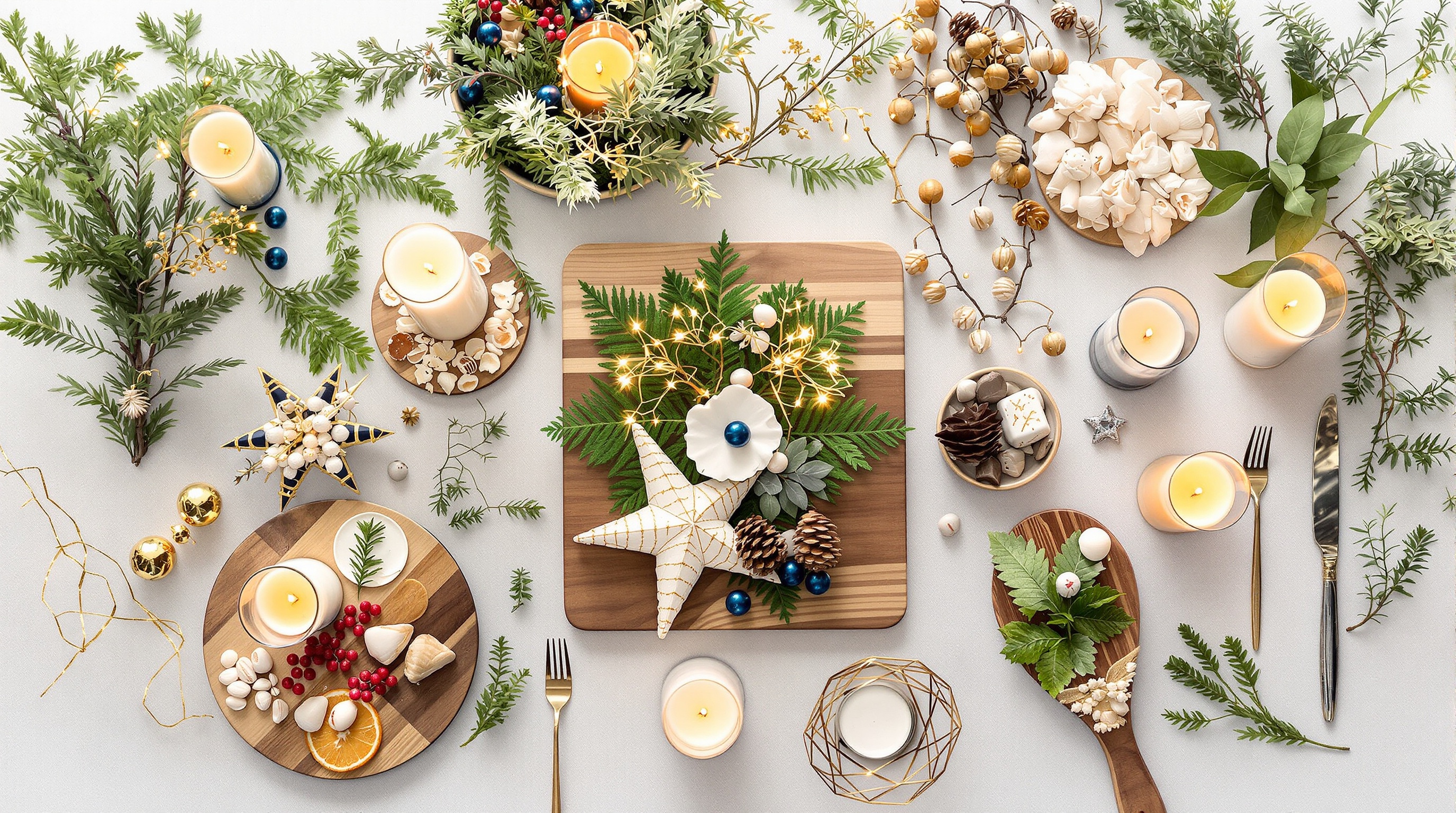 Centres de table Noël DIY, déclinaison de styles scandinave, rustique, lumineux, bord de mer, doré, gourmand, rapide, vide-poche, hygge, vertical.
