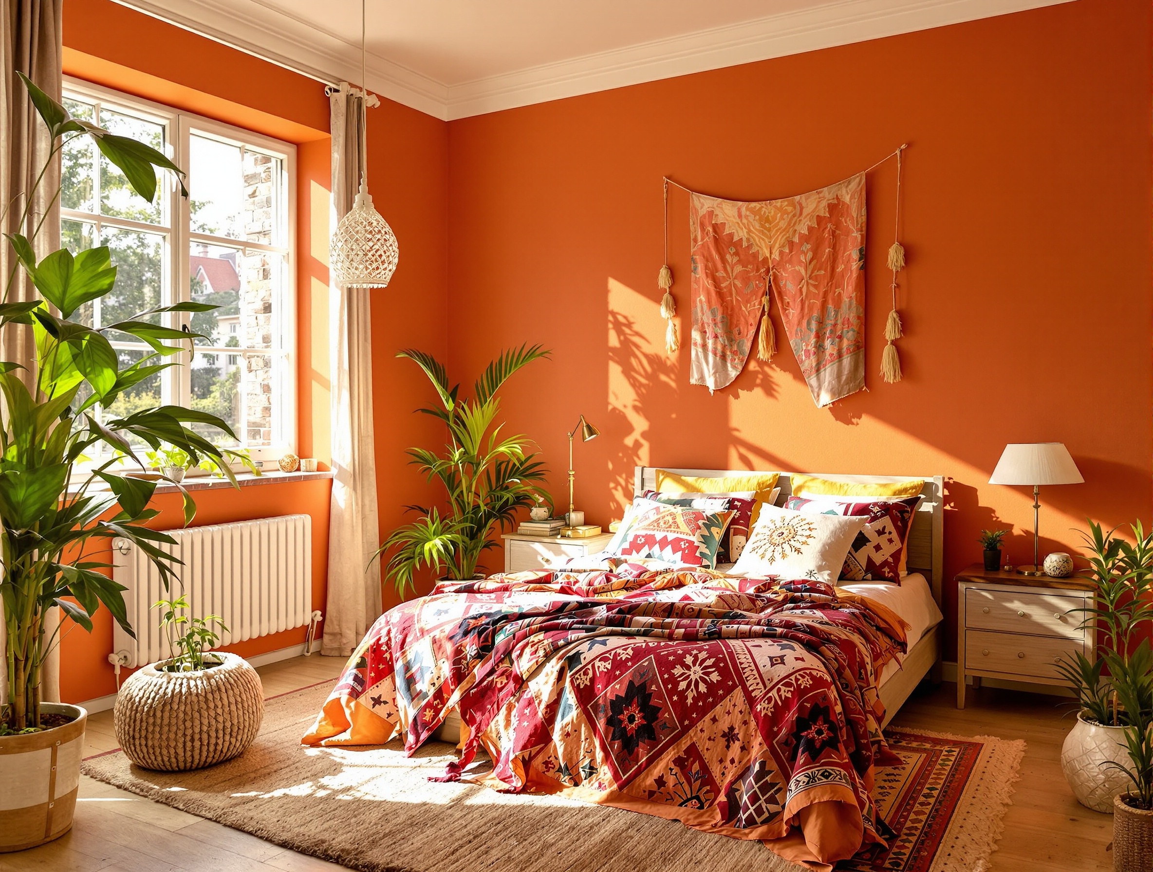 Exemple d'une chambre adulte décorée avec des teintes d'orange terracotta et ocre pour une ambiance bohème chaleureuse.