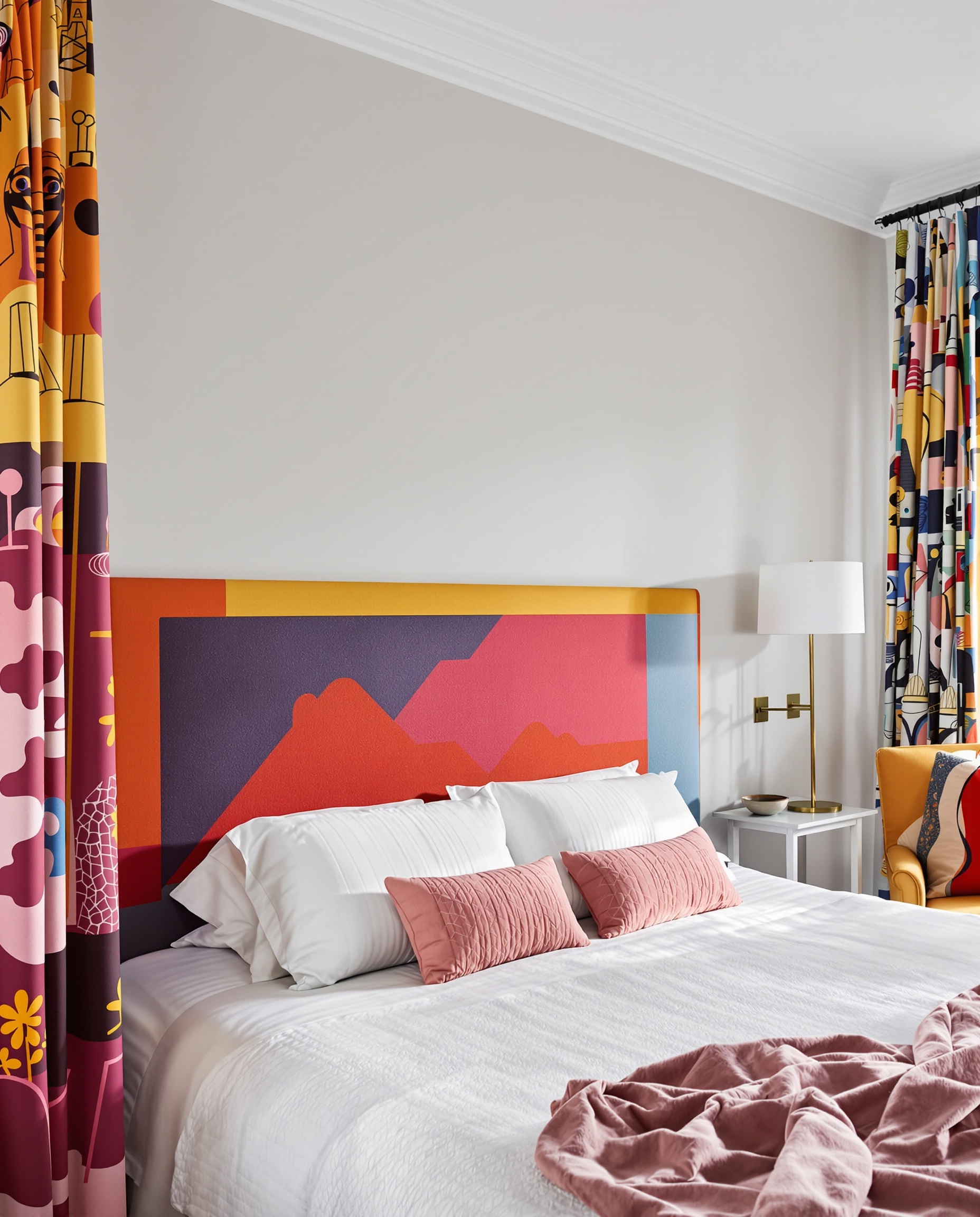 Chambre aux murs gris perle, linge de lit gris alpaga, tête de lit colorée et rideaux originaux. Ambiance zen avec touche de couleur audacieuse.