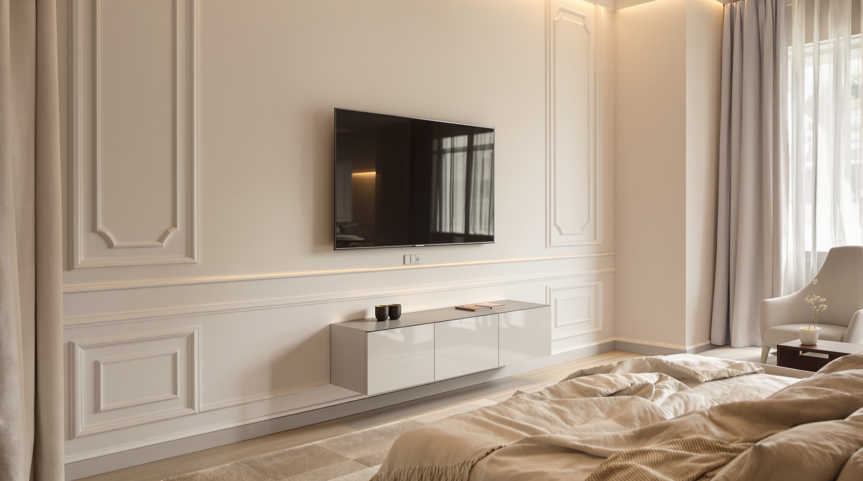 Chambre moderne avec TV et câbles dissimulés grâce à goulottes et plinthes