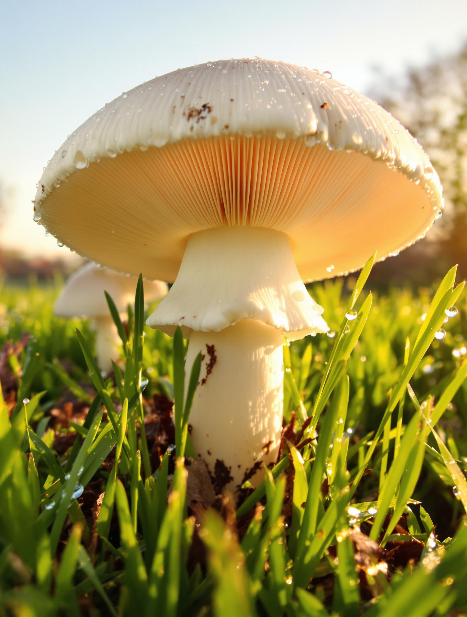 Agaric des jachères dans une prairie au petit matin
