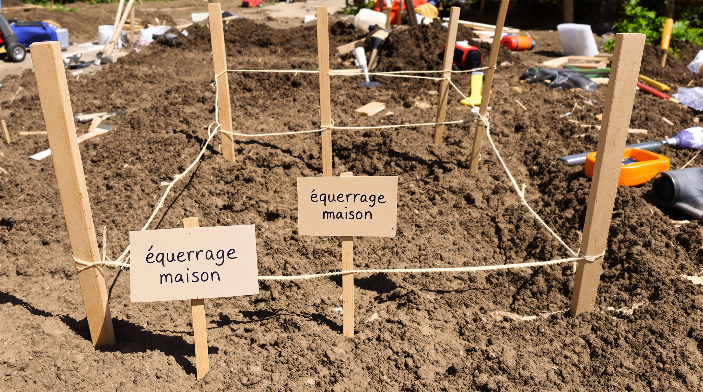 Piquets et cordeau sur un terrain, pancarte 'équerrage maison' de travers