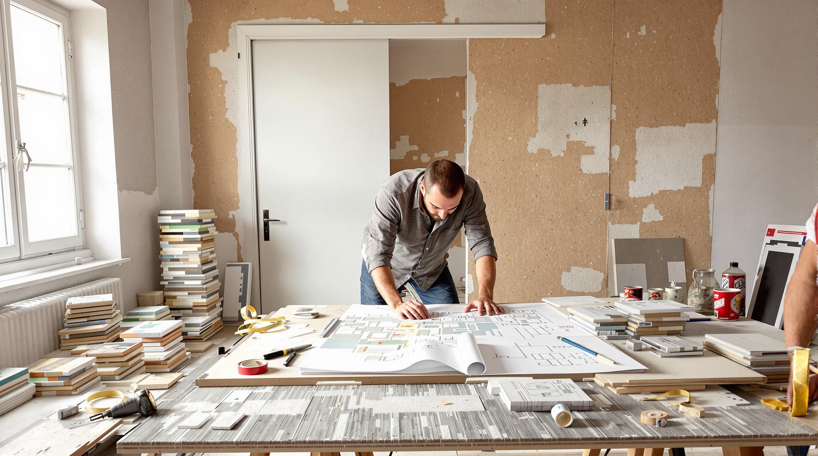 Architecte d’intérieur travaillant sur des plans avec des zelliges en arrière-plan.