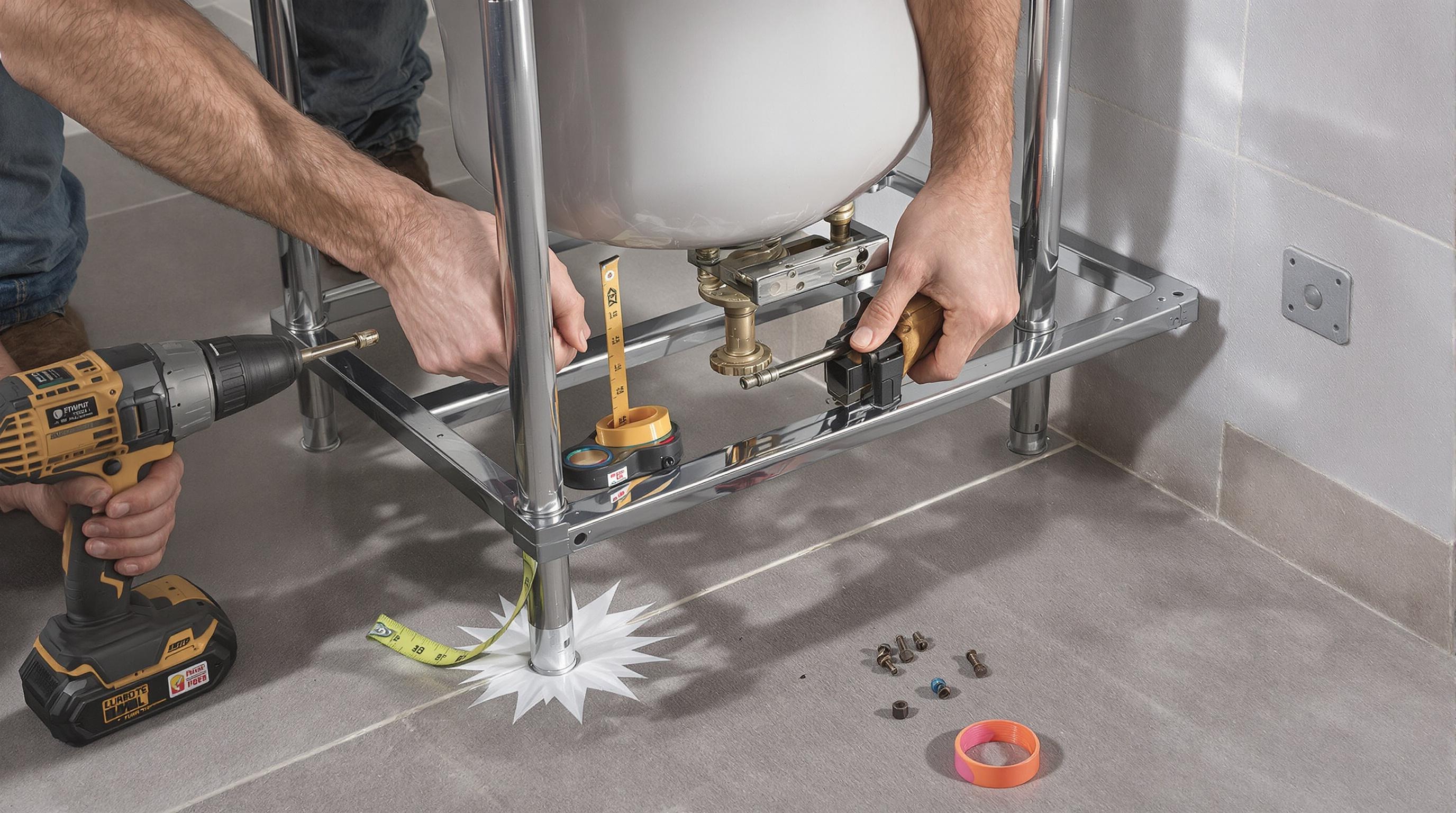 Fixation d’un bâti-support WC sur une dalle en béton avec réglage précis de la hauteur.