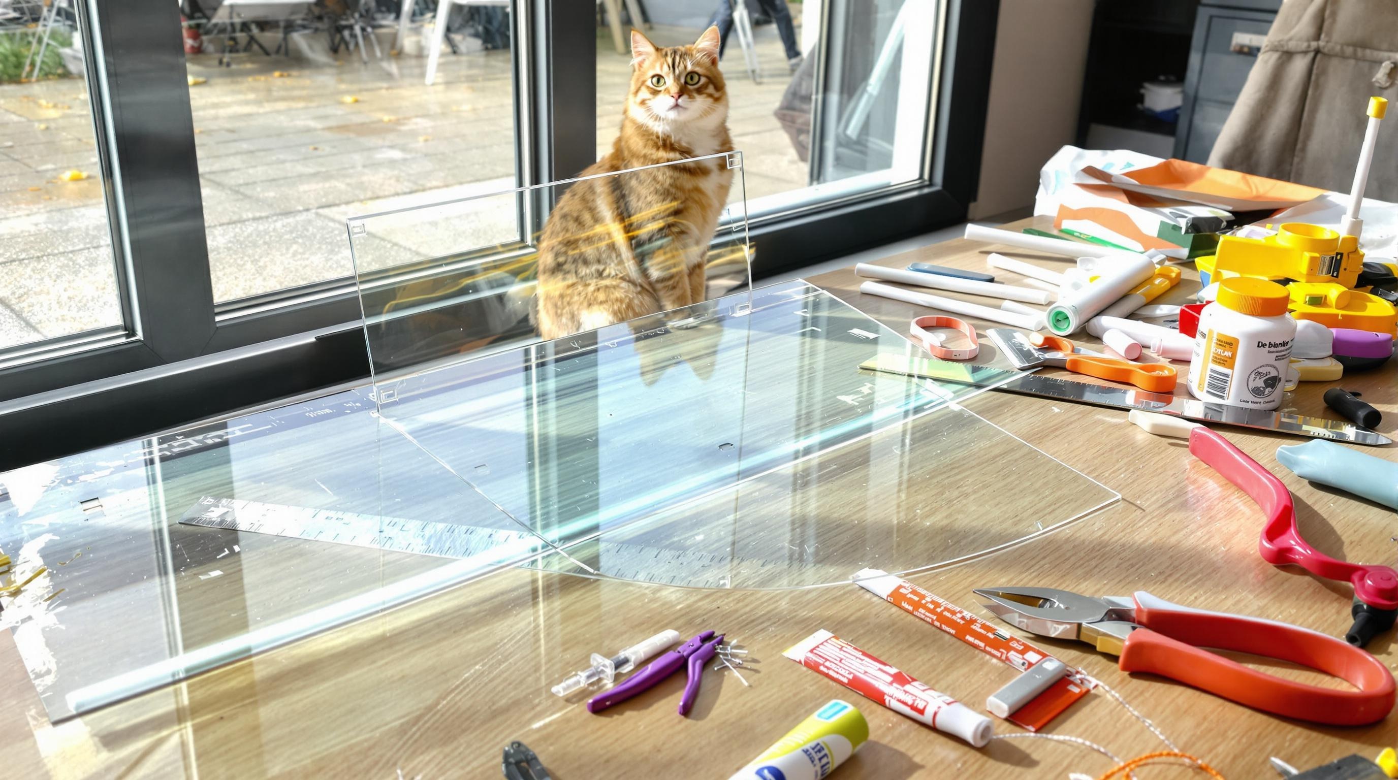 Poste de bricolage pour fabriquer une chatière DIY avec plexiglas, PVC et outils