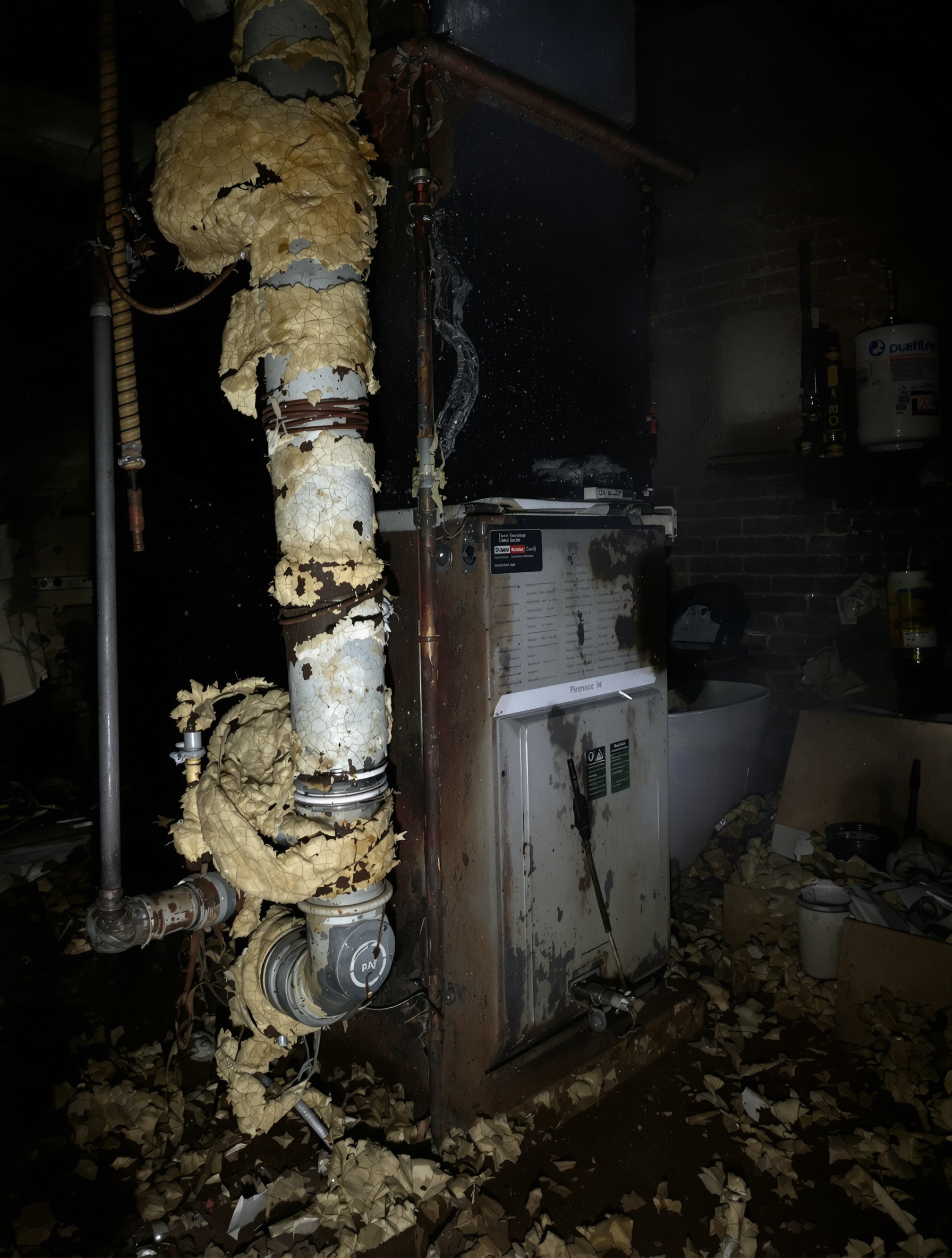 Vieille isolation suspecte amiante autour tuyaux chauffage