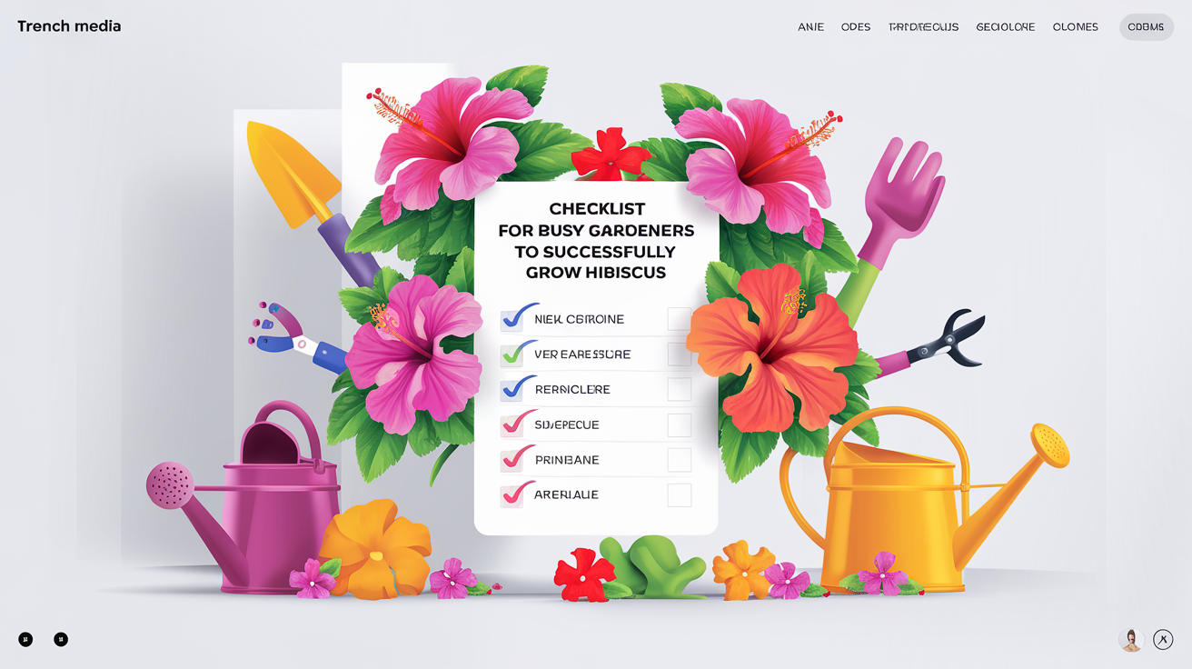 Checklist jardinier pressé hibiscus, 8 cases à cocher, outils et fleurs