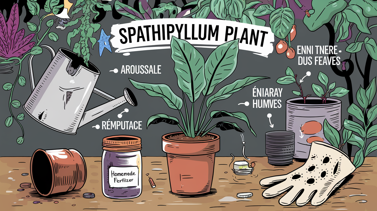 Checklist des soins pour Spathiphyllum avec arrosoir, pot et engrais maison