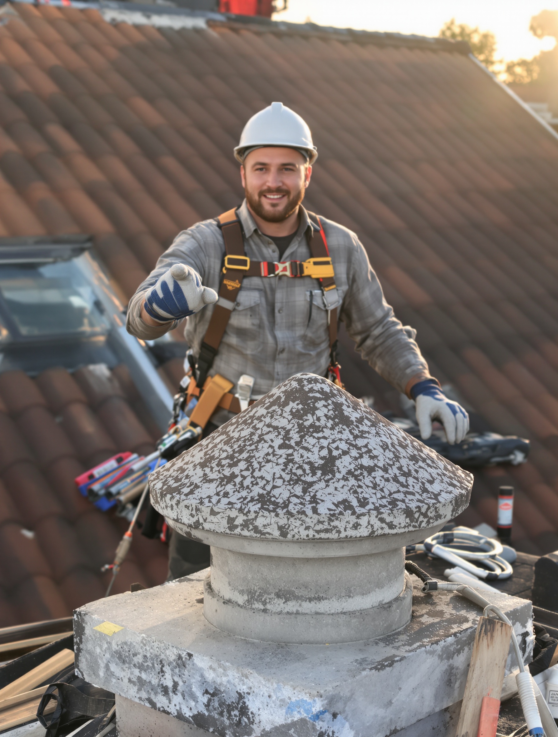 Chef d'atelier couvreur donne ses dernières consignes devant une cheminée béton soignée, chantier terminé et sécurisé.