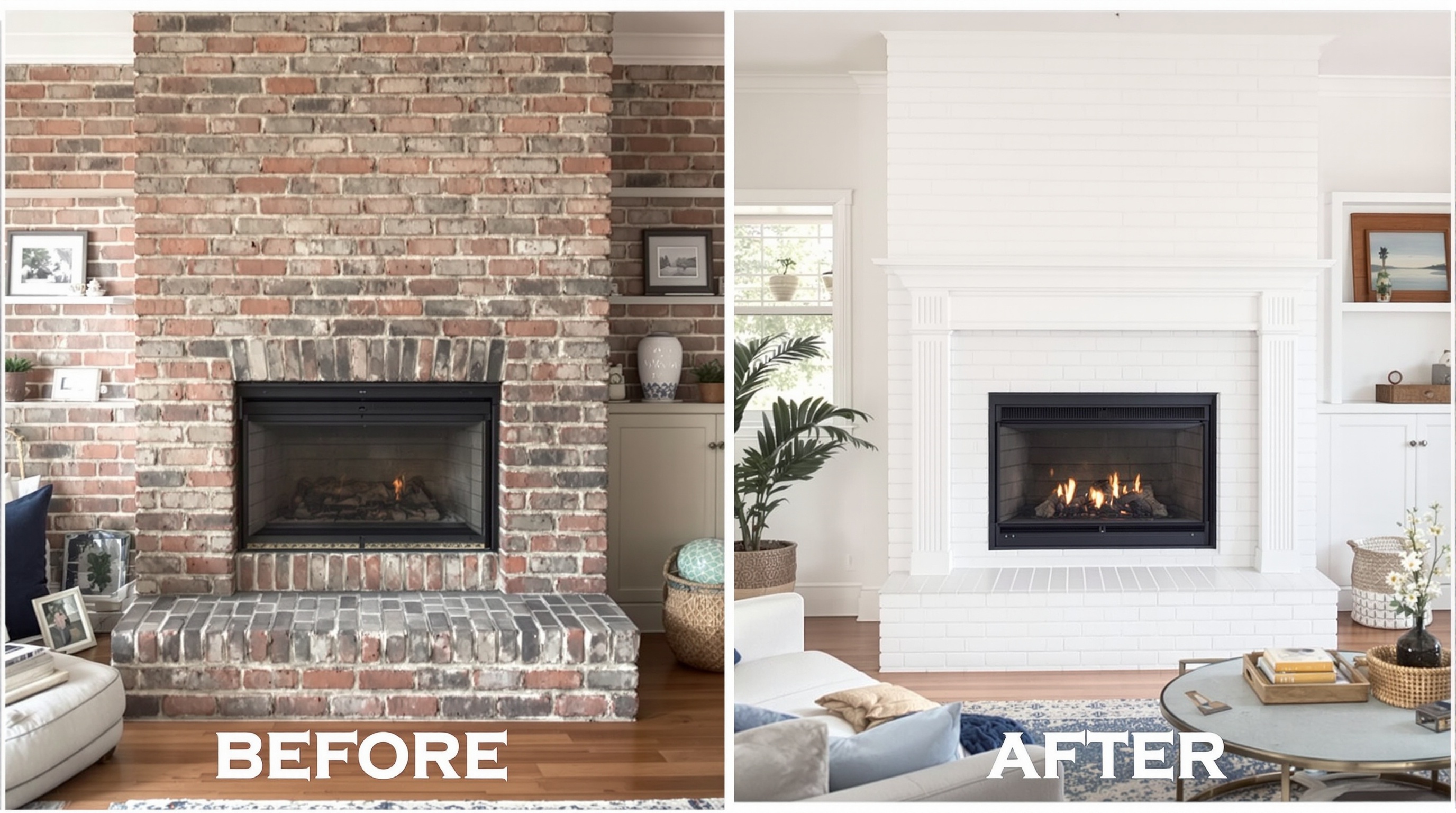 Cheminée en brique avant et après peinture : contraste fort entre l’aspect brut vieilli et le rendu moderne éclatant accessible à tous.