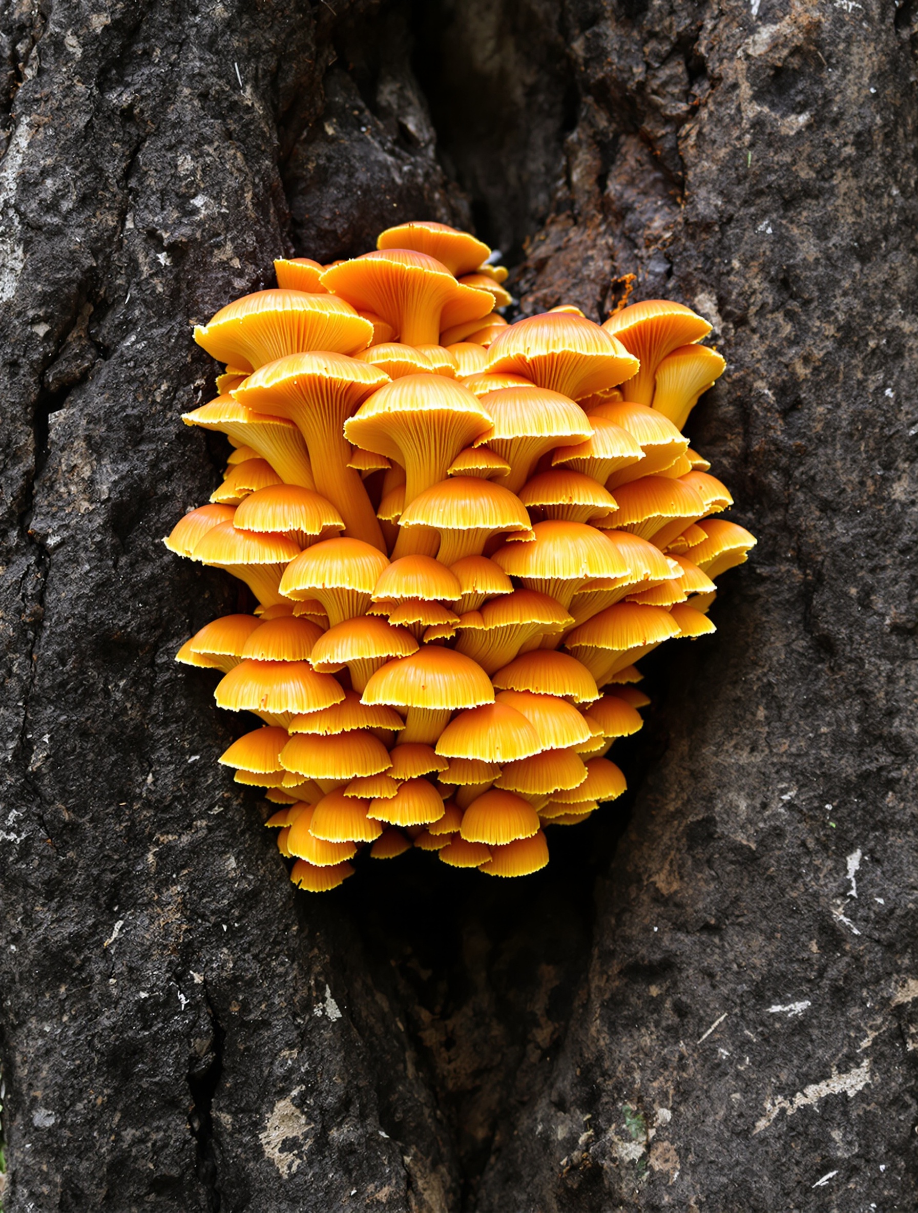 Clitocybes de l'olivier Omphalotus illudens en touffe dense sur souche.
