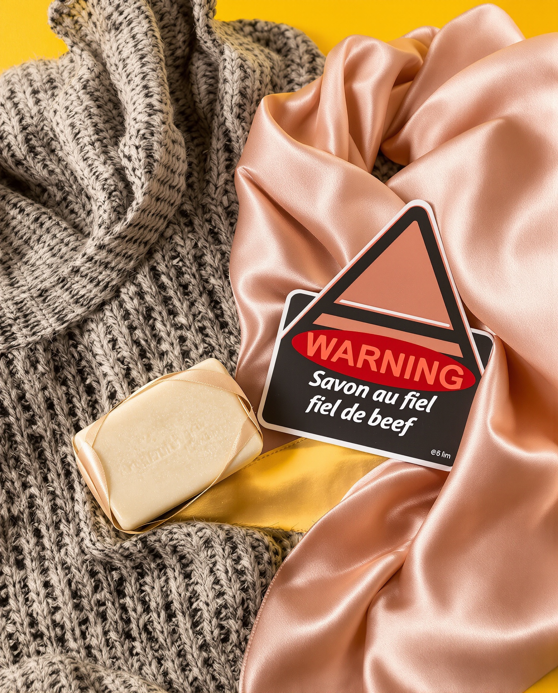 Gros plan humoristique sur un pull en laine et foulard en soie à côté d'un savon au fiel de bœuf et d'un panneau warning.