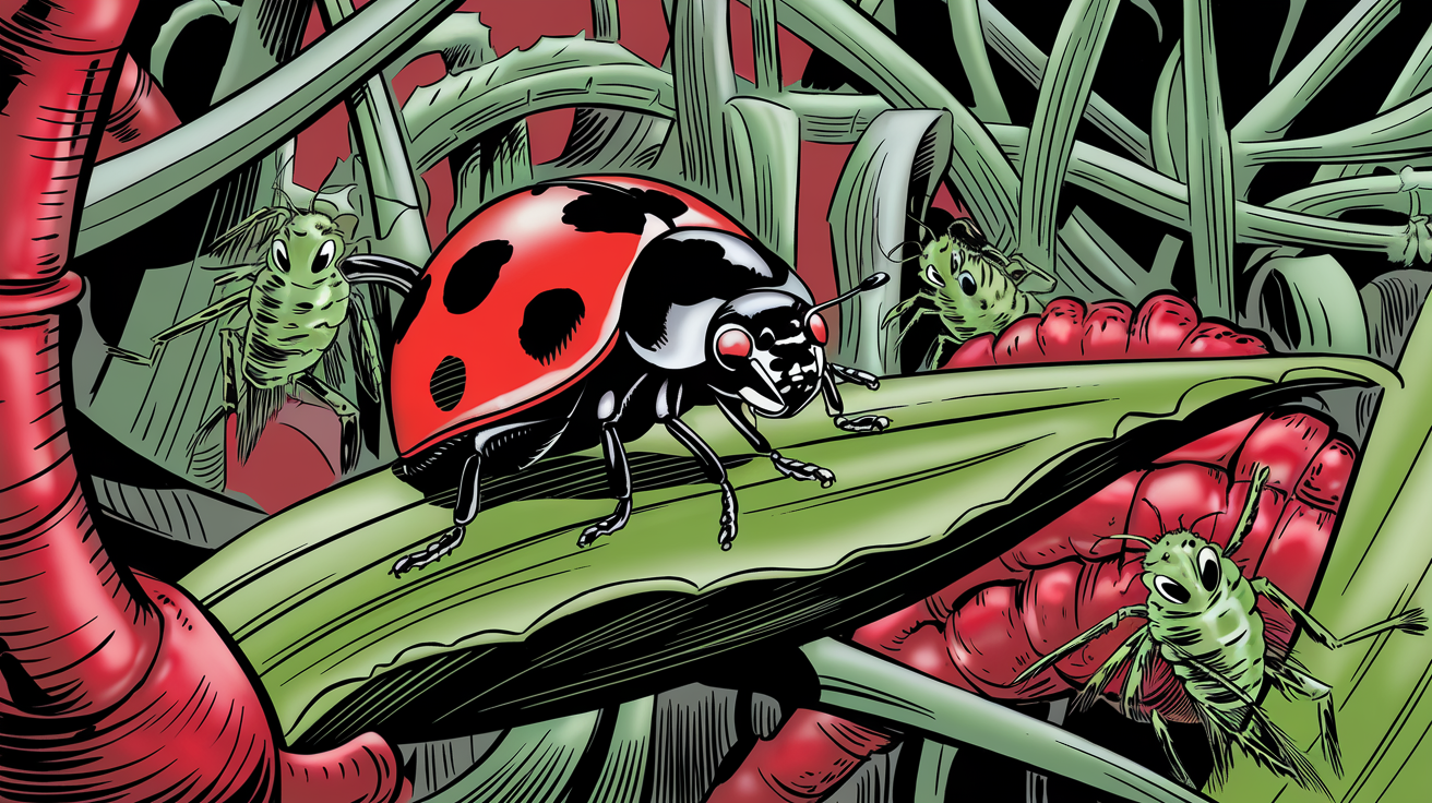 Coccinelle prédatrice et pucerons – illustration mordante