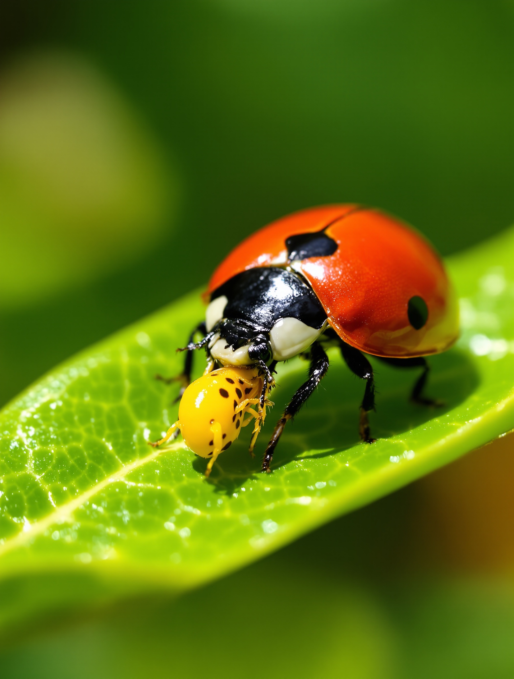 Coccinelle dévorant un puceron jaune sur une feuille de laurier rose