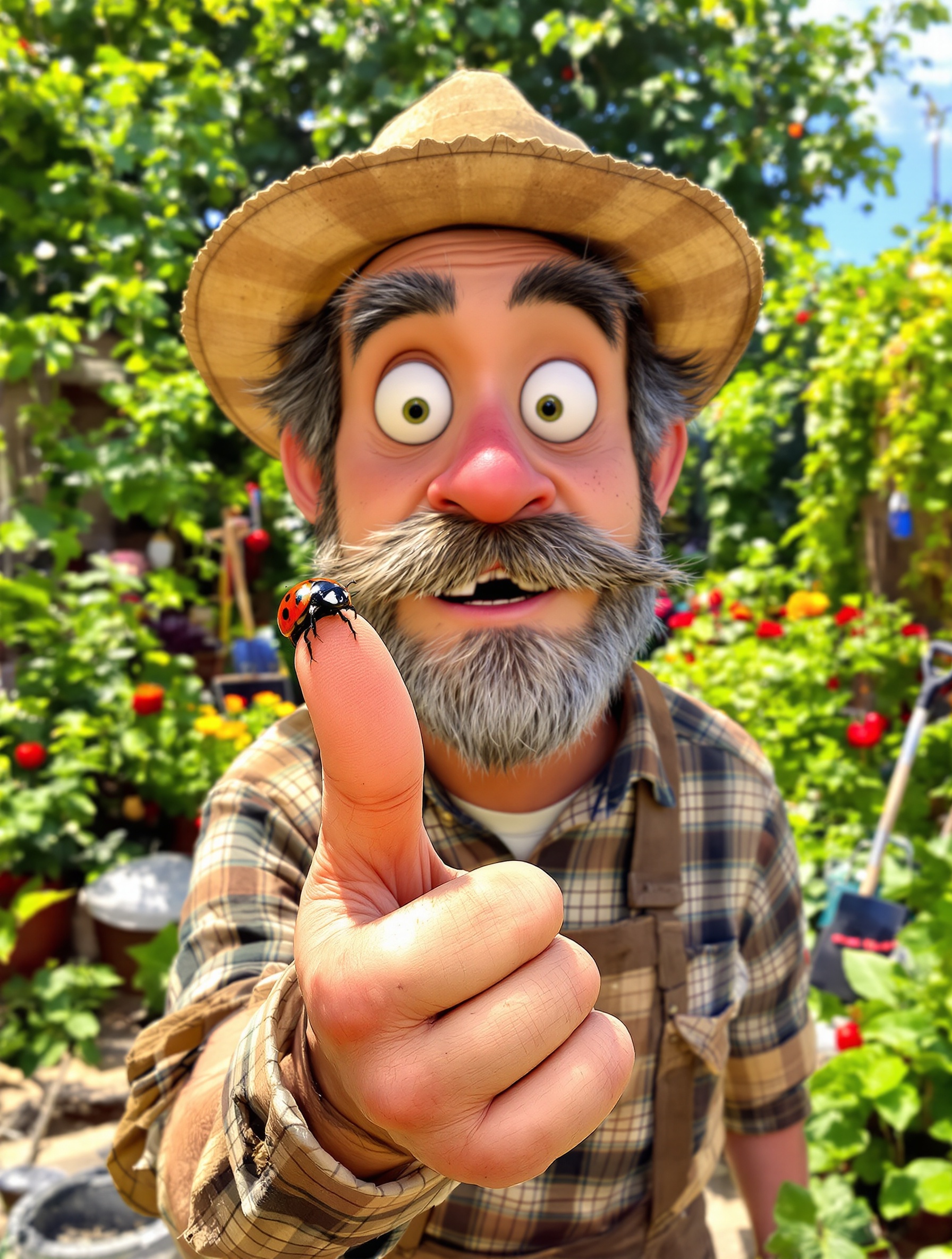 Coccinelle posée sur le doigt d'un jardinier bourru