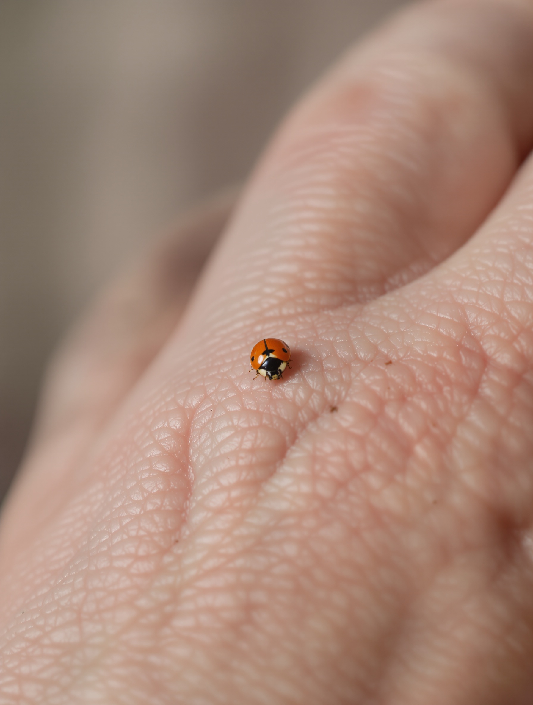 Coccinelle sur une main ridée, évocation spirituelle