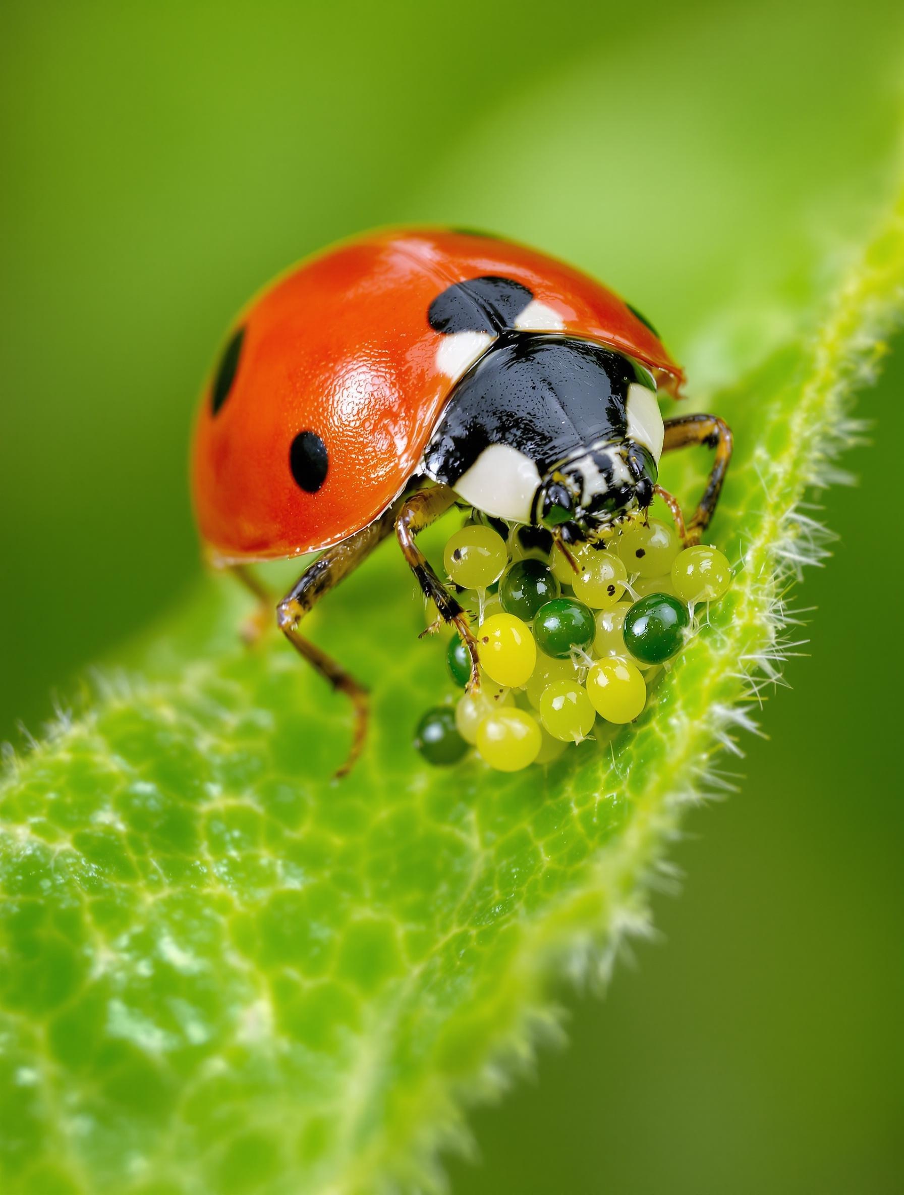 Coccinelle mangeant un groupe de pucerons sur une feuille de citronnier – lutte biologique naturelle.