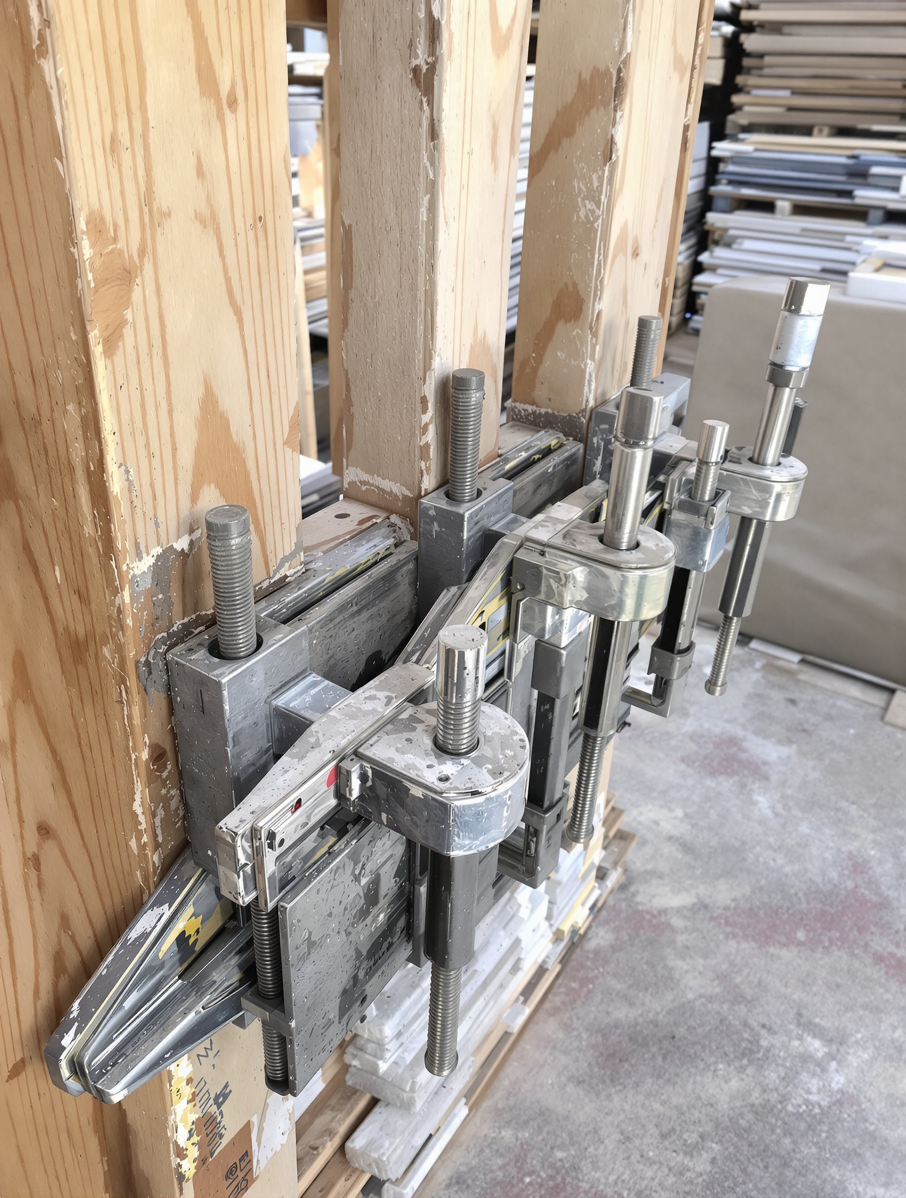 Coffrage béton maintenu par des serre-joints de maçonnerie
