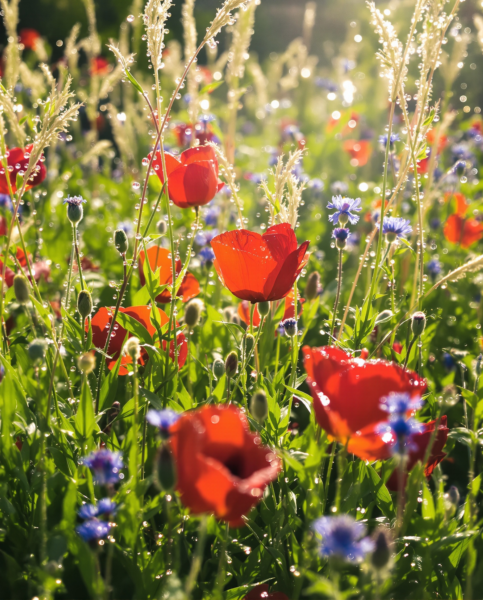 Jardin sauvage naissant avec coquelicots et bleuets sous la rosée du matin
