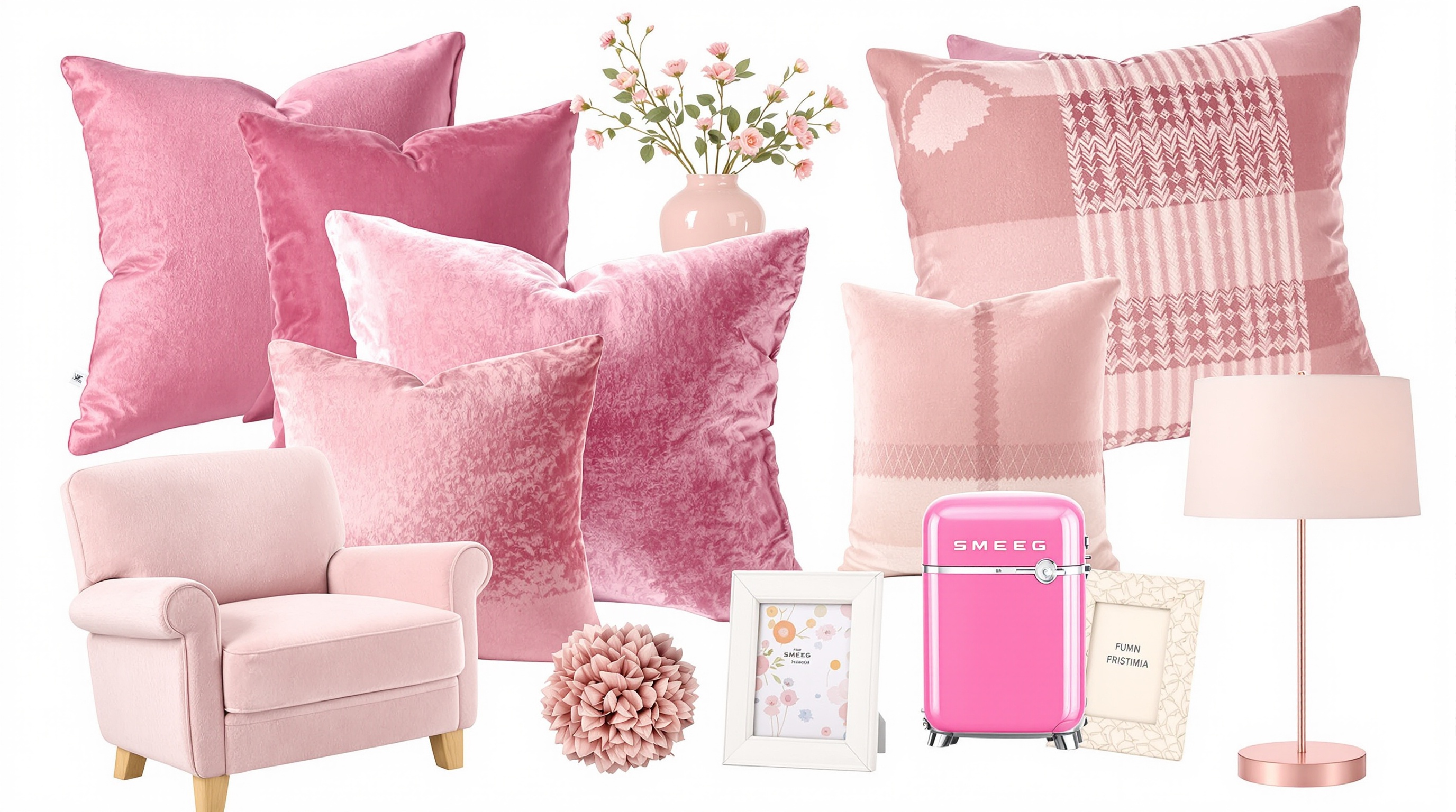 Collection d'accessoires de décoration intérieure dans différentes nuances de rose