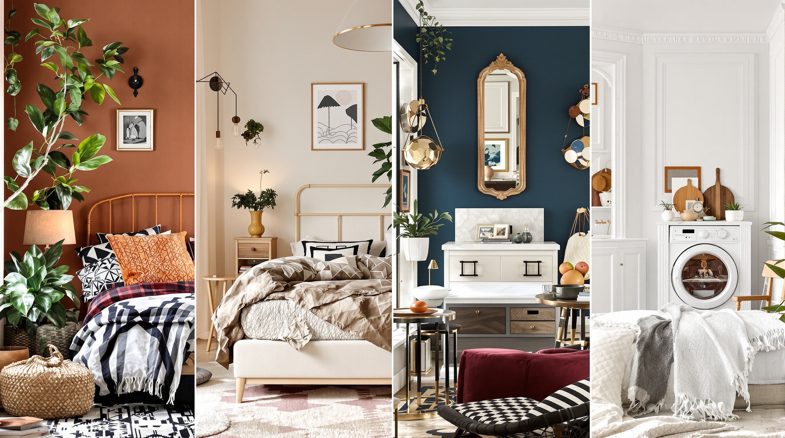 Exemples visuels de chambres adultes style bohème (terreux, verts), scandinave (blanc cassé, bois clair), Art Déco (bleu nuit, doré), haussmannien (gris élégant, bordeaux).