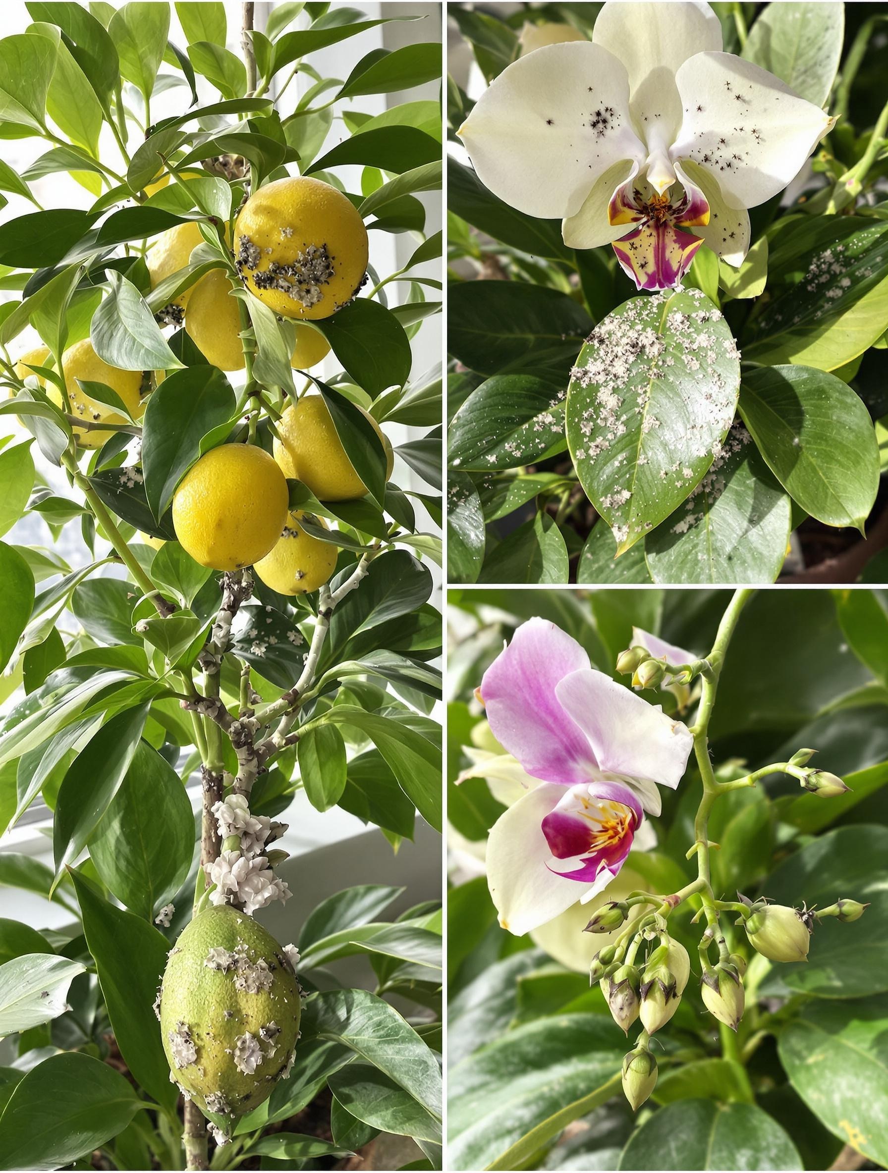 Collage montrant un citronnier, une orchidée et un Ficus infestés de cochenilles à coque.