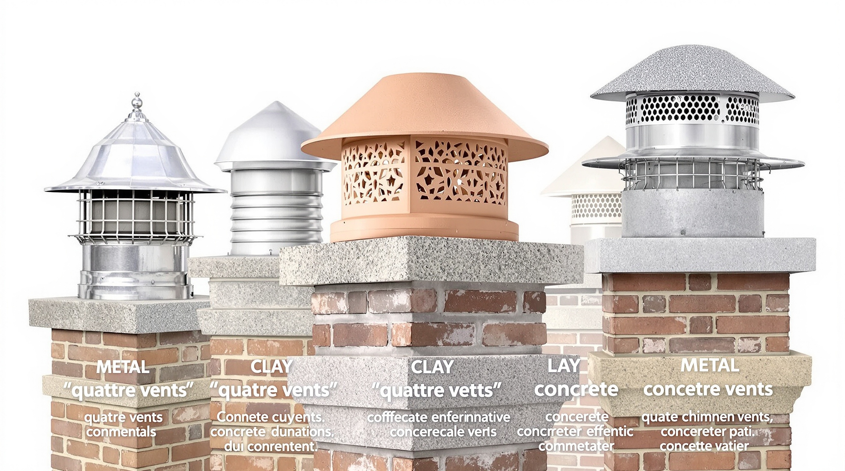 Comparaison visuelle des différents types de chapeaux de cheminée, mettant en avant le chapeau en béton 'quatre vents' pour sa robustesse et son efficacité contre les intempéries, avec des exemples de formes et de tailles.