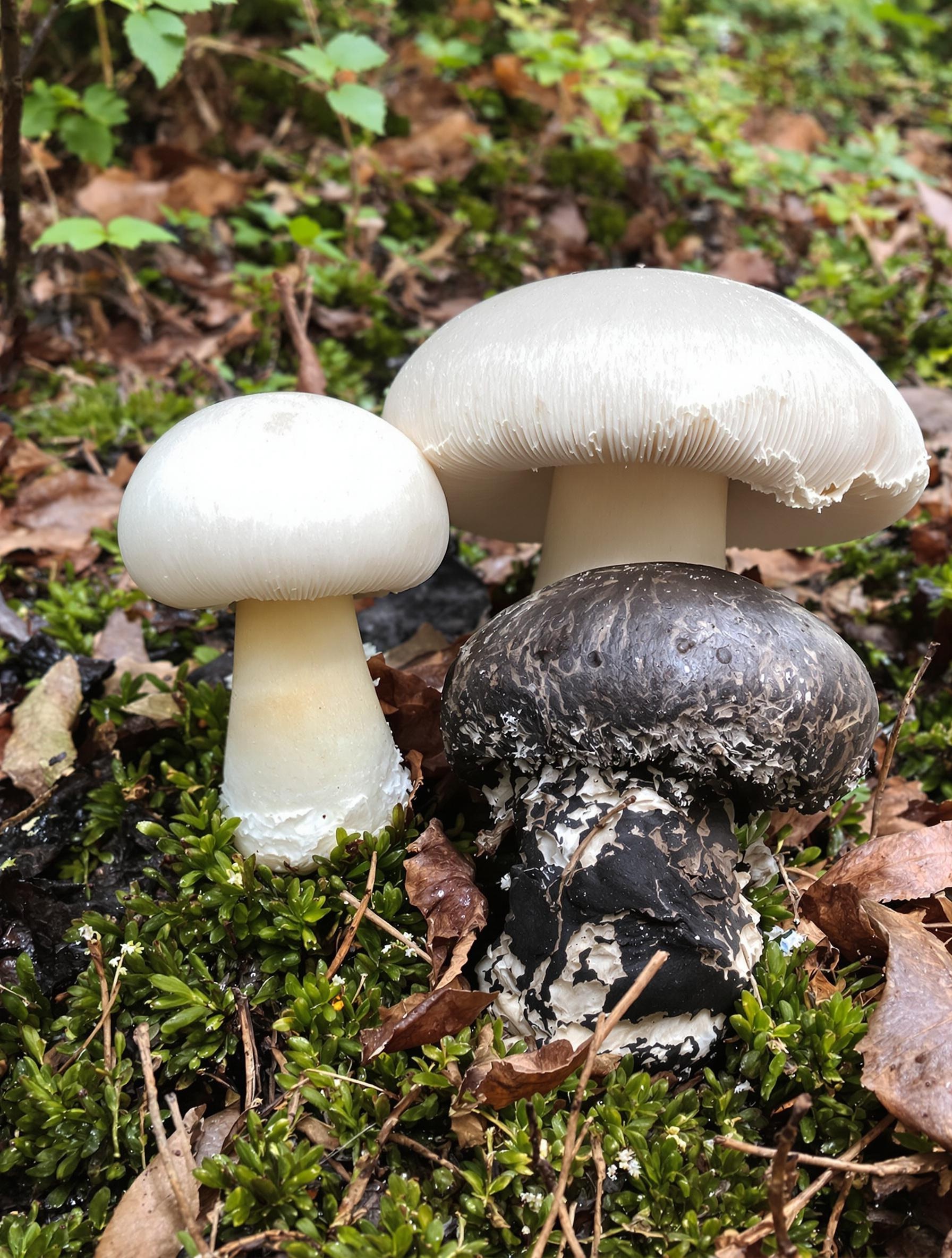 Comparaison des chapeaux d'Hygrophores de Mars à différents stades de maturité, du jeune blanc au vieux noir.