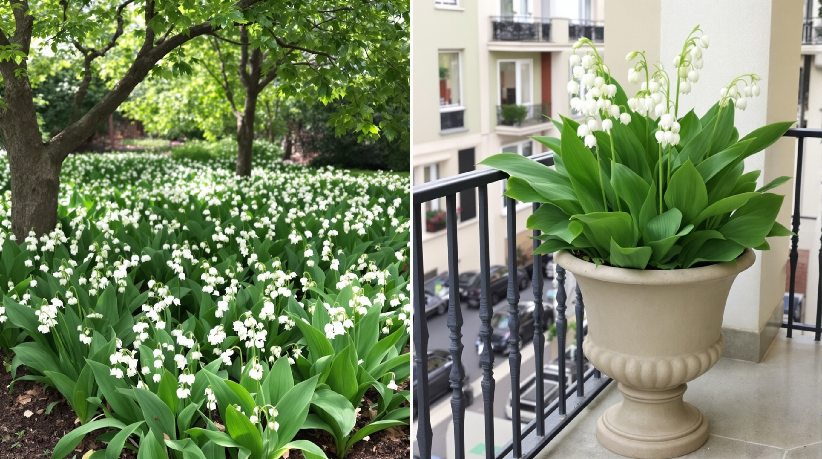 Comparaison visuelle entre du muguet planté en pleine terre dans un jardin mi-ombragé et du muguet en pot sur un balcon.
