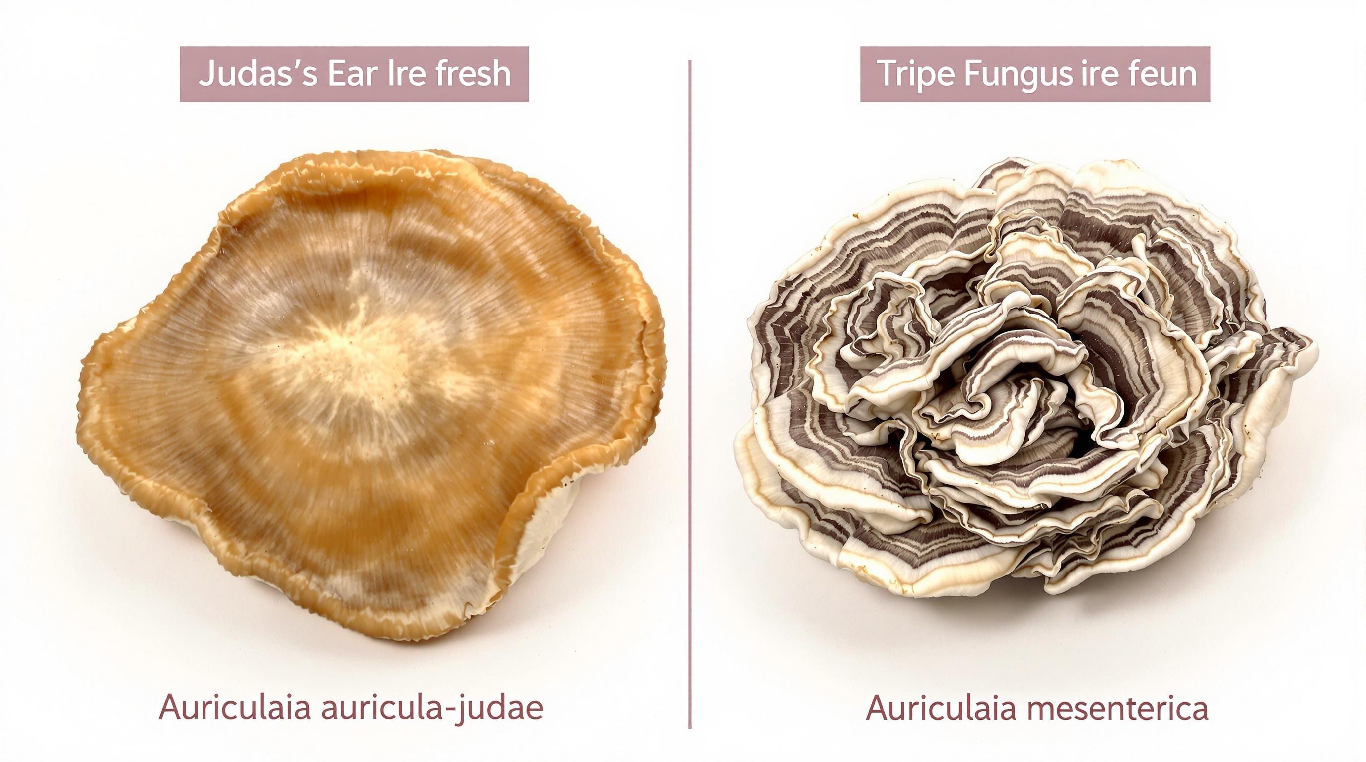 Comparaison visuelle entre une Oreille de Judas fraîche et une Auriculaire mésentérique, mettant en évidence les différences de texture et de couleur.