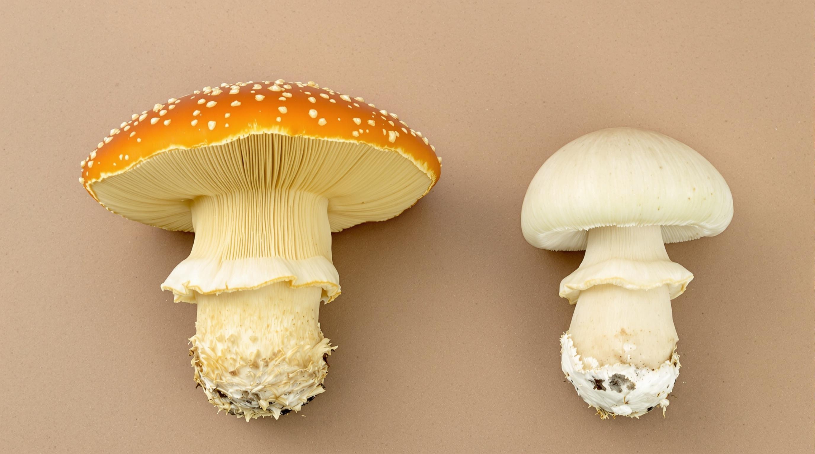Comparaison entre l'Oronge Amanita caesarea et l'Amanite phalloïde, jeunes champignons