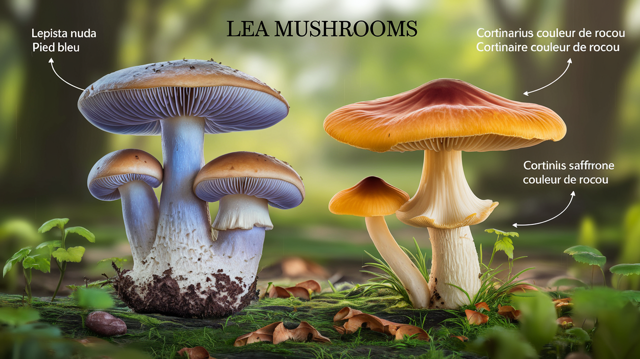 Différences visuelles entre pied bleu et champignon toxique cortinaire couleur de rocou, annotations comparatives