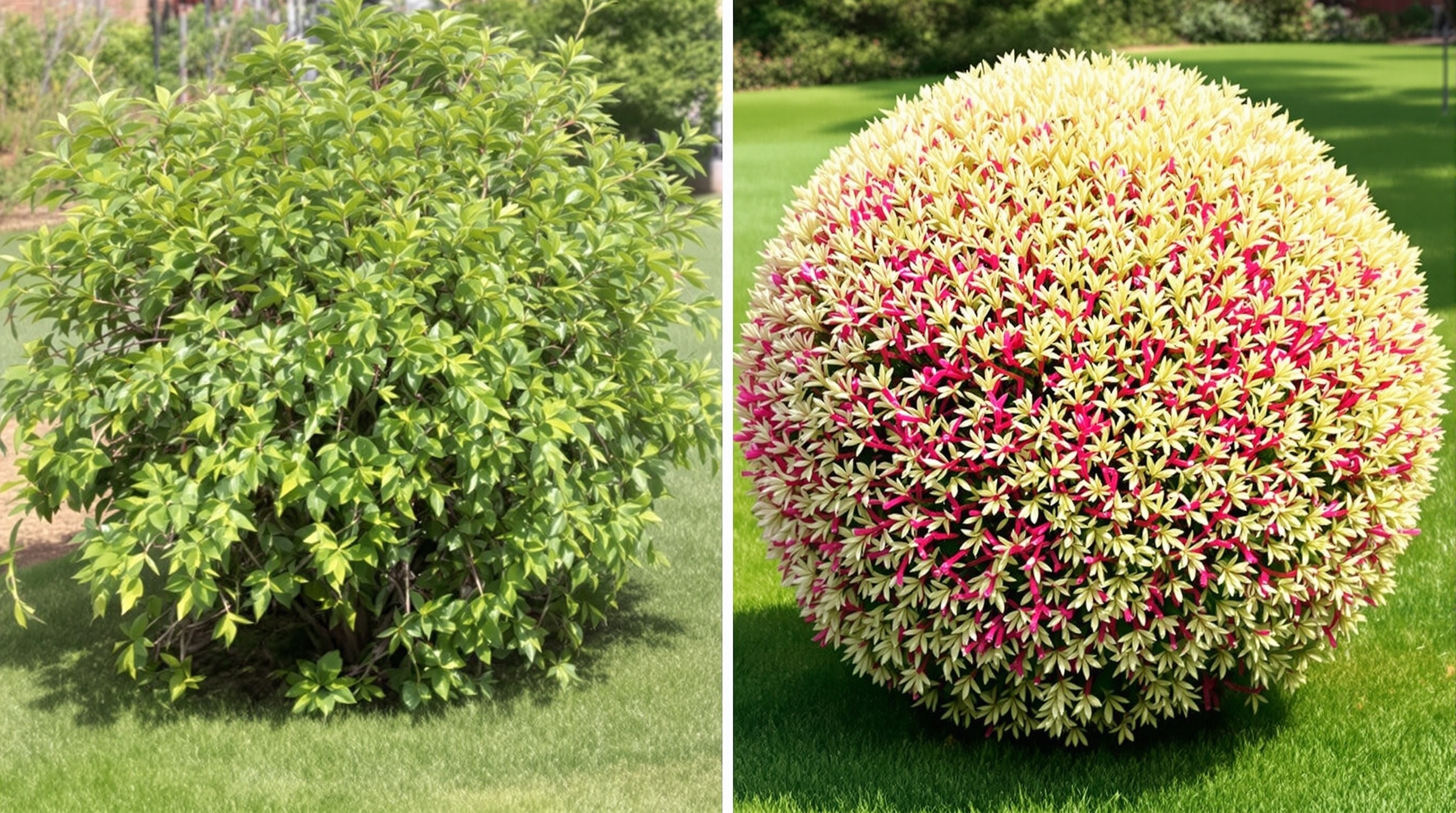 Comparaison saule crevette peu taillé (vert, flou) vs bien rabattu (compact et coloré)