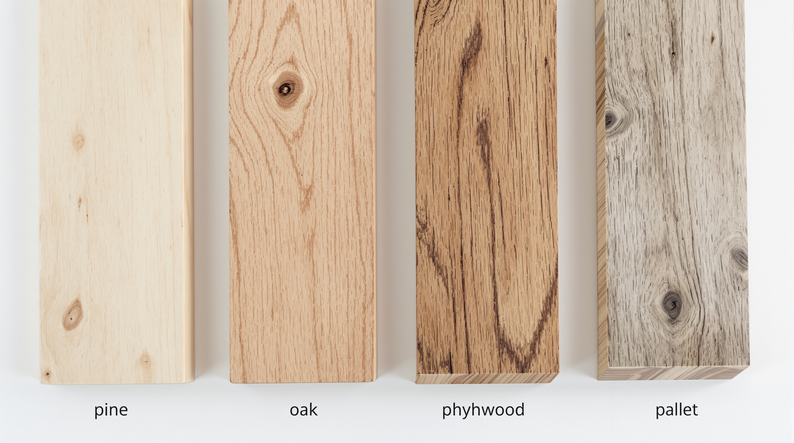 Comparaison visuelle de différents types de bois (pin, chêne, contreplaqué, bois de palette) pour la fabrication d'une tête de lit, mettant en évidence leurs aspects et textures.