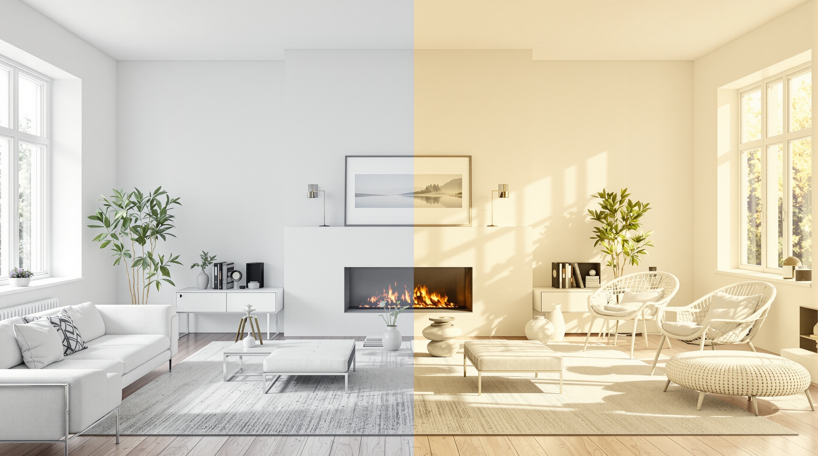 Comparatif avant/après : pièce en blanc froid vs blanc chaud, effet agrandissant