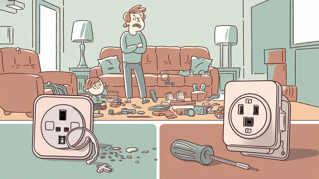 Comparatif humoristique entre cache-prise à clé (clé perdue) et cache-prise rotatif (coincé)