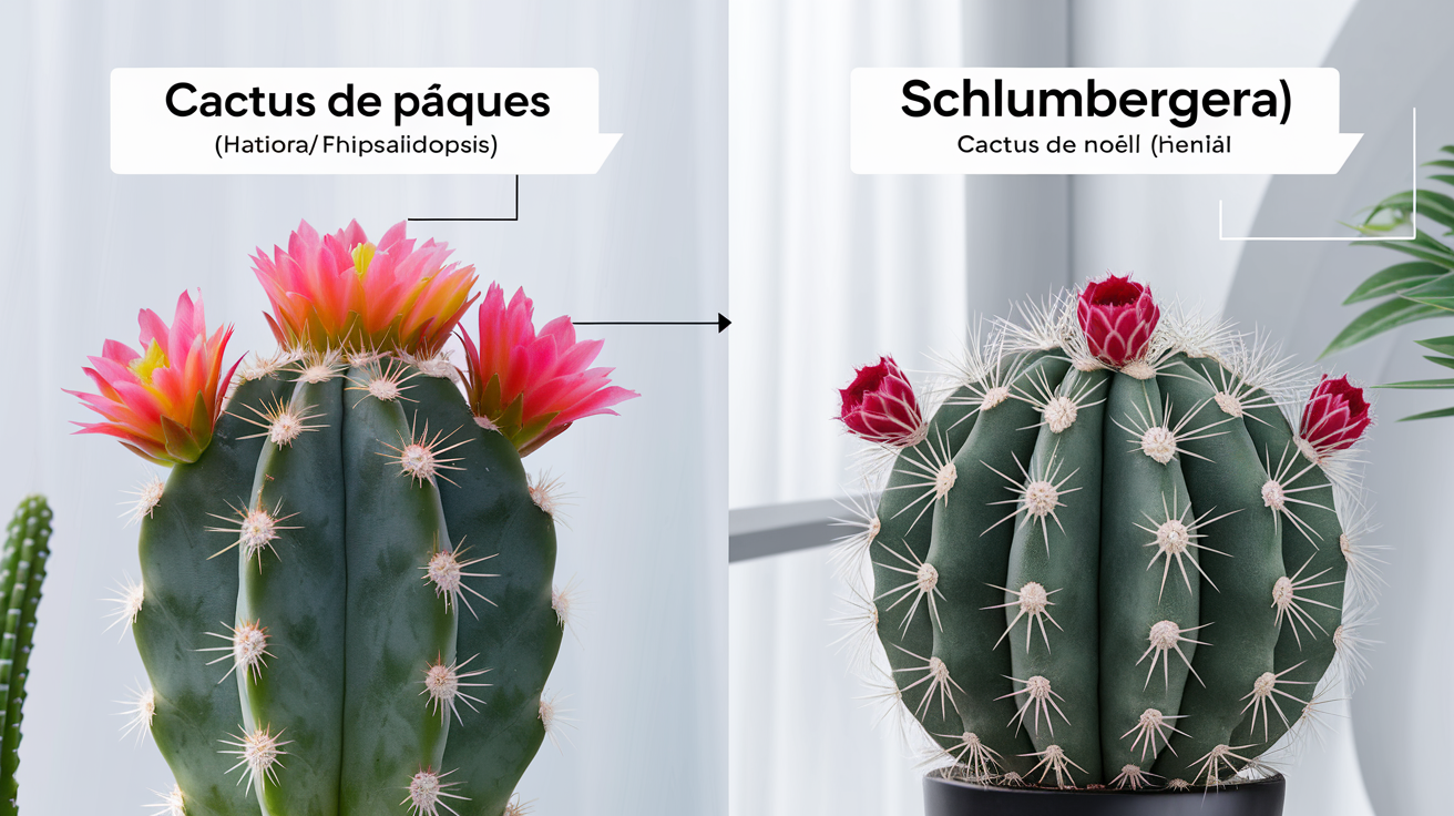 Comparatif visuel entre le cactus de Pâques (Hatiora/Rhipsalidopsis) et le cactus de Noël (Schlumbergera)