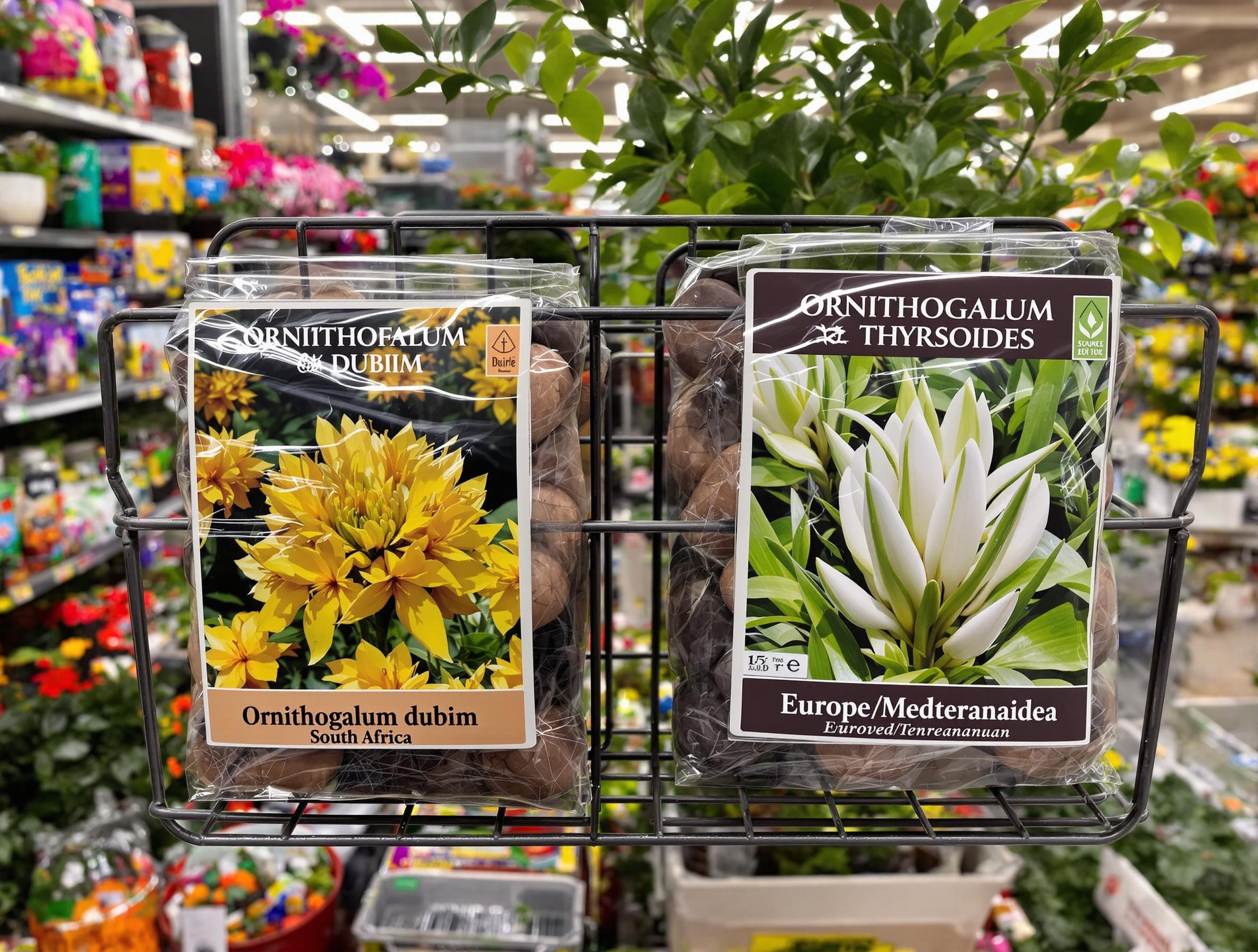 Comparatif étiquettes Ornithogalum dubium Afrique du Sud vs thyrsoides méditerranéen