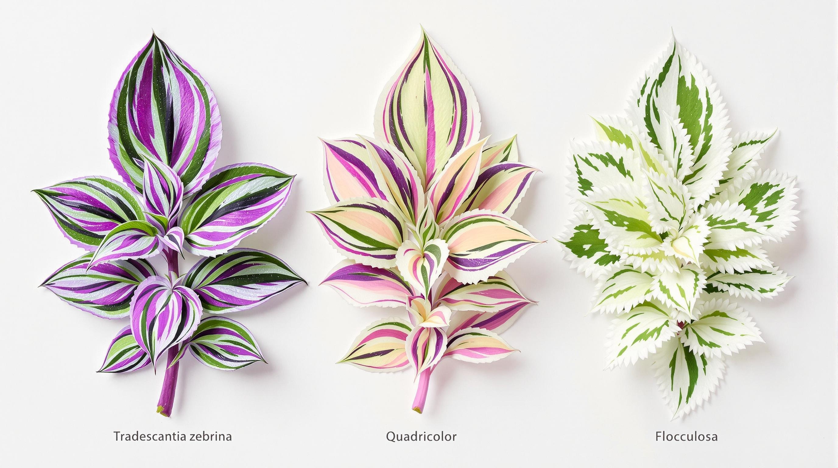Comparatif feuillages Tradescantia zebrina classique, Quadricolor et Flocculosa en planche botanique