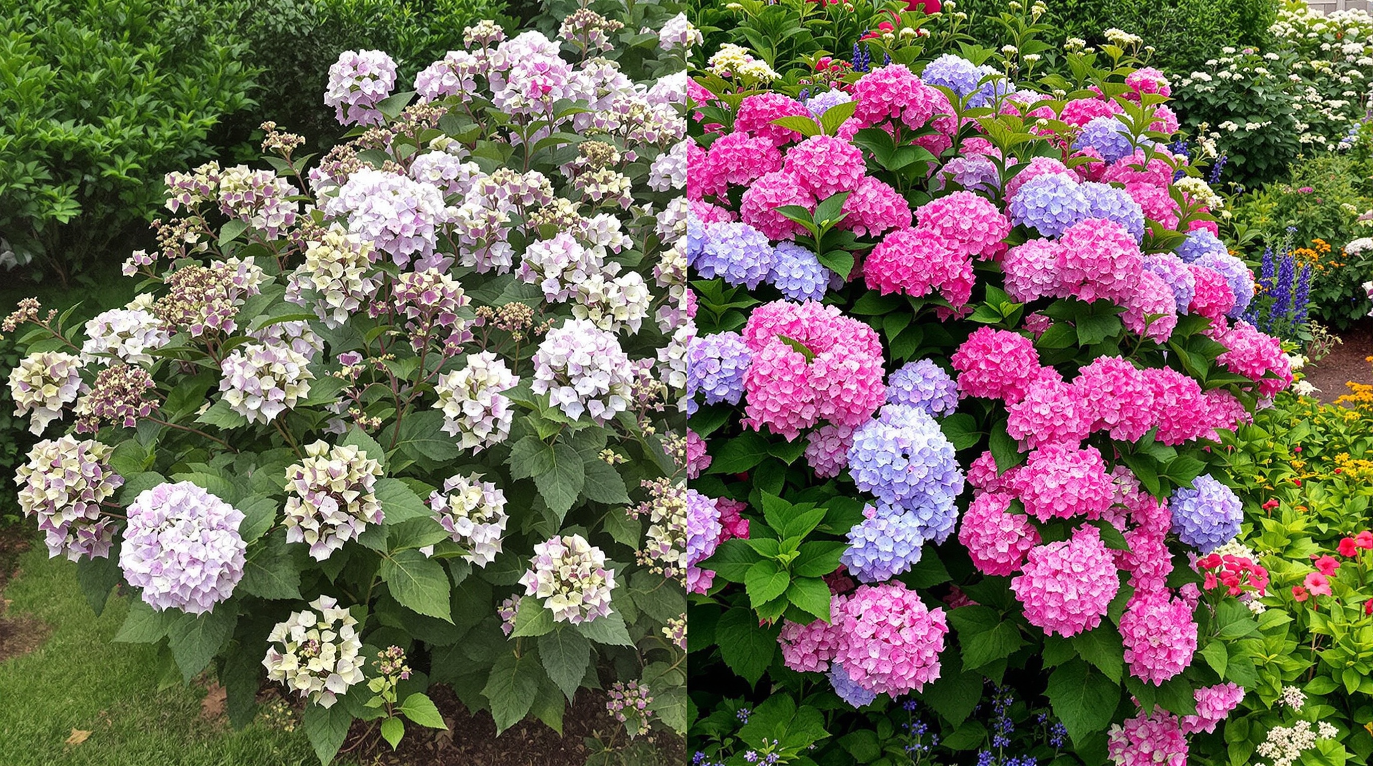 Comparaison d’hortensias : peu de fleurs à gauche, abondance à droite.